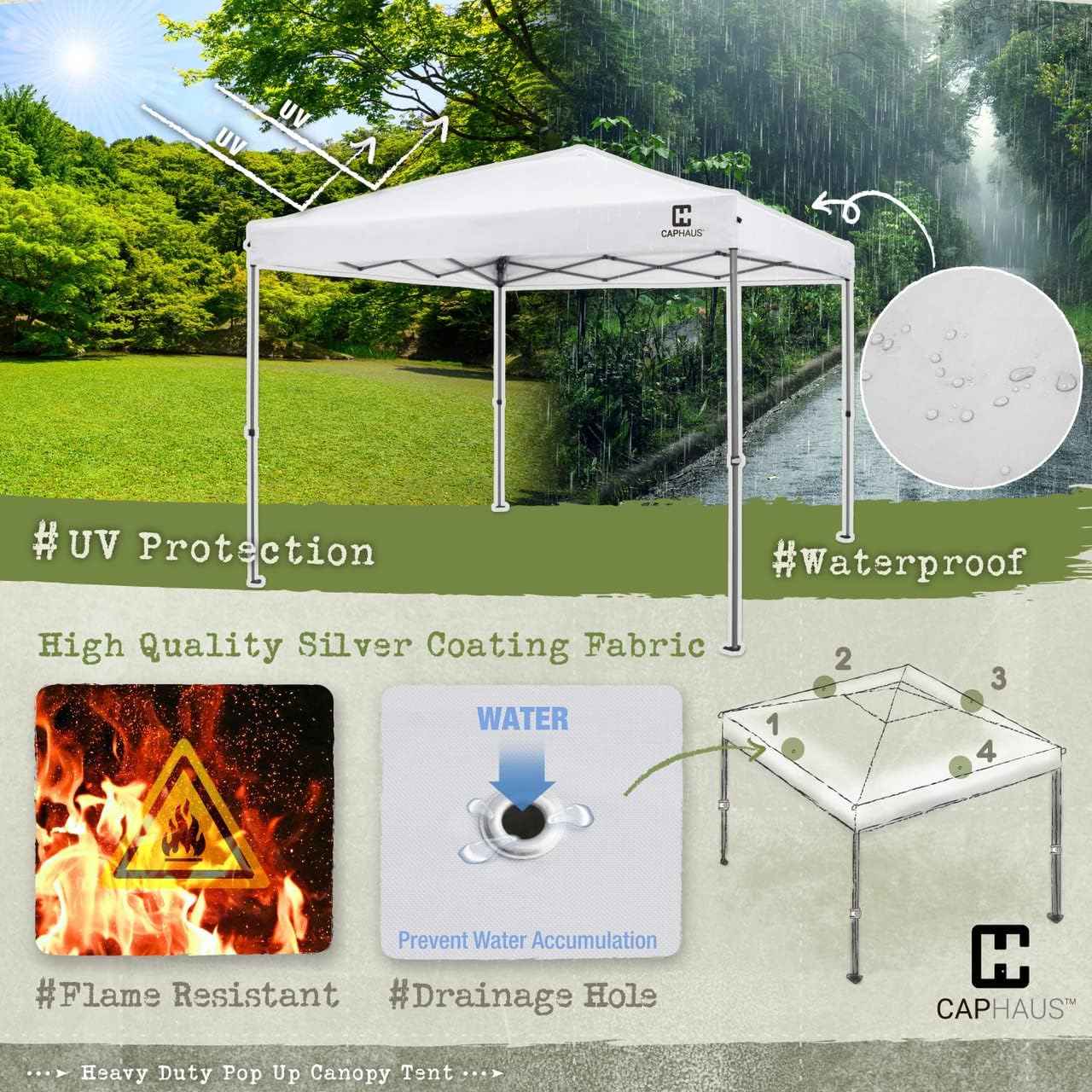 CAPHAUS Patented One-Push Pop Up Outdoor Canopy Tent, Heavy-Duty Commercial Grade w/Central Lock, Portable and Instant Folding Shelter with Wheeled Carry Bag and Weight Bag, 10ft x 10ft, Blue