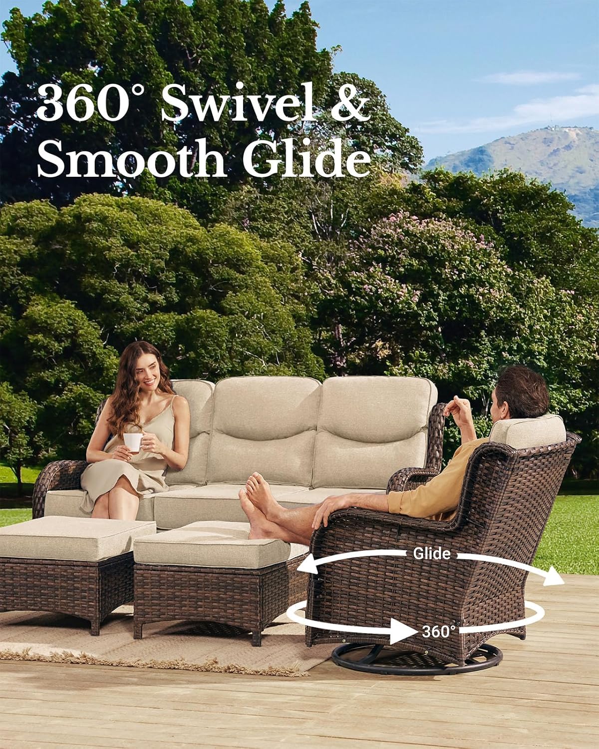 HILLGA Luxury Patio Furniture Set with 6-inch Thick Cushion, Outdoor Couch and High Back Swivel Rocker Patio Chairs, 8PCS Wicker Conversation Set for Deck Yard and Poolside, Beige (V2)