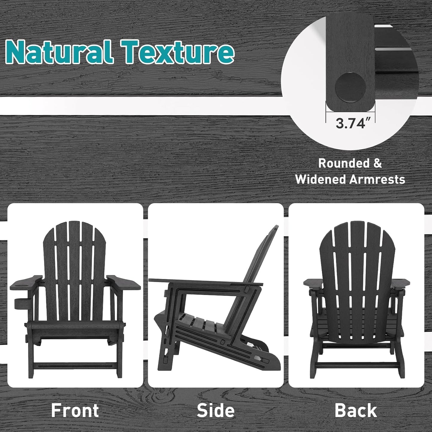 Adirondack Chairs Set of 4, Tool-Free Assembly All-Weather Plastic Adirondack Chairs, HDPE Fire Pit Chairs with Cup Holder, Outdoor Chair for Patio Garden (Black)