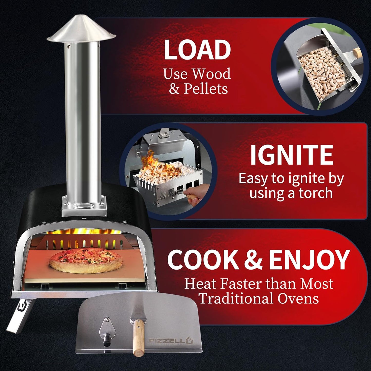 Portable Pellet Pizza Oven Outdoor Wood Fired Pizza Ovens Included Pizza Stone, Pizza Peel, Fold-up Legs, Cover, Pizzello Forte (Black)