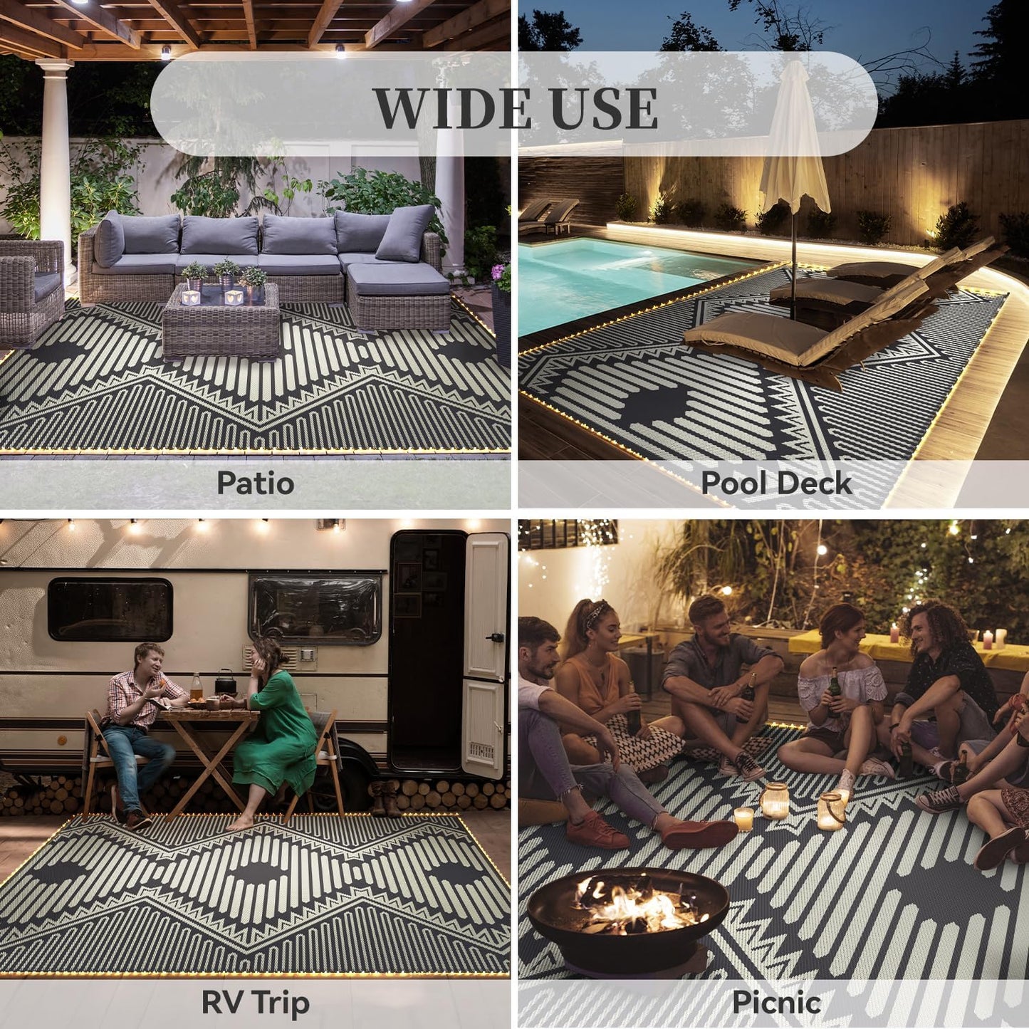 MontVoo Outdoor Rug with Led String Strip Lights 8x10 ft Waterproof Outdoor Patio Rug Mat Reversible Plastic Straw Rug Outside Outdoor Rug for RV Camping Picnic Balcony Fairy Boho Outdoor Decor
