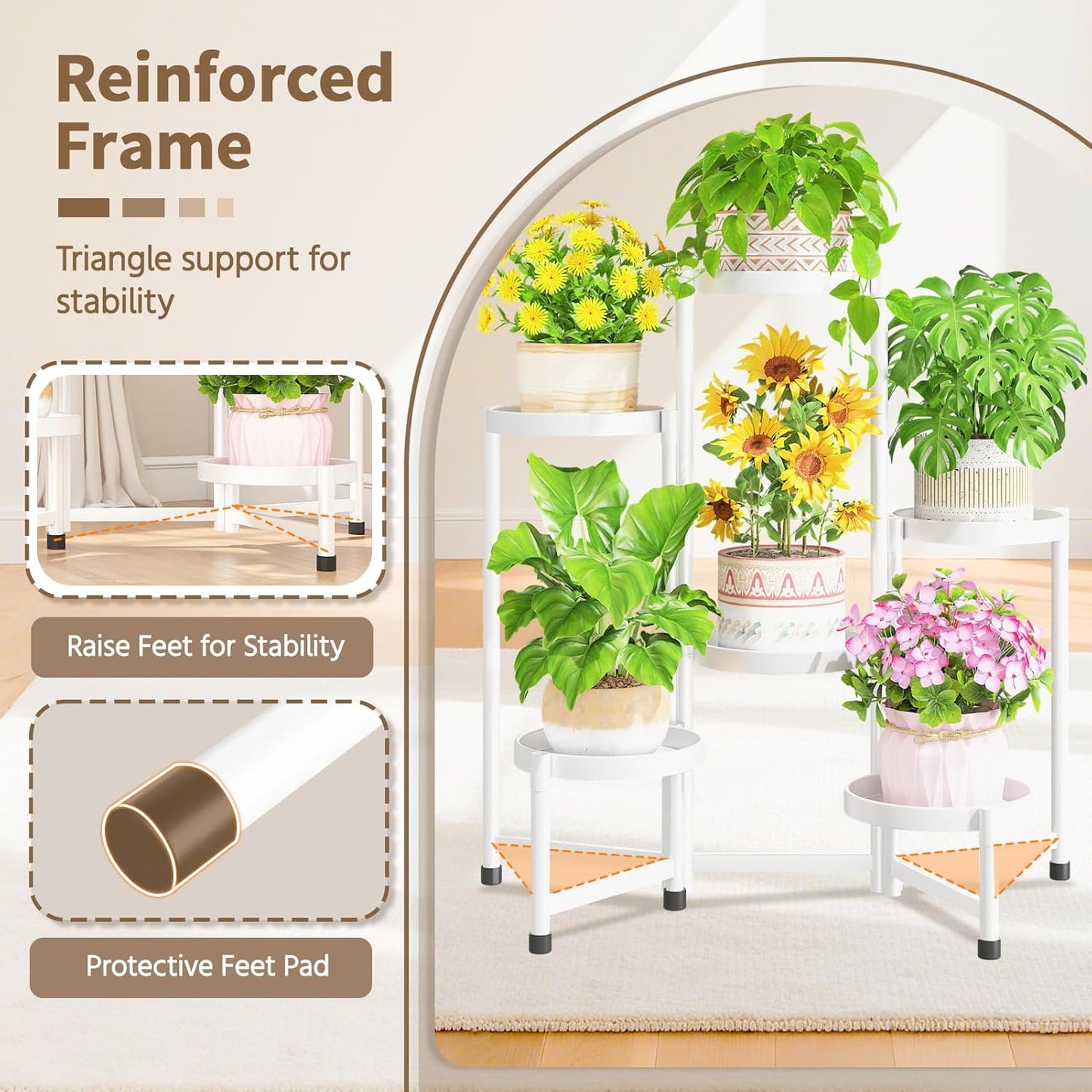 LASZOLA 6 Tiered Folding Plant Stand Indoor for Multiple Large Planter, Tall Heavy Duty Adjustable Rack with Rust Proof 10 Inch Wide Tray, Sturdy Vertical Tree Organizer for Narrow Inside Floor, White