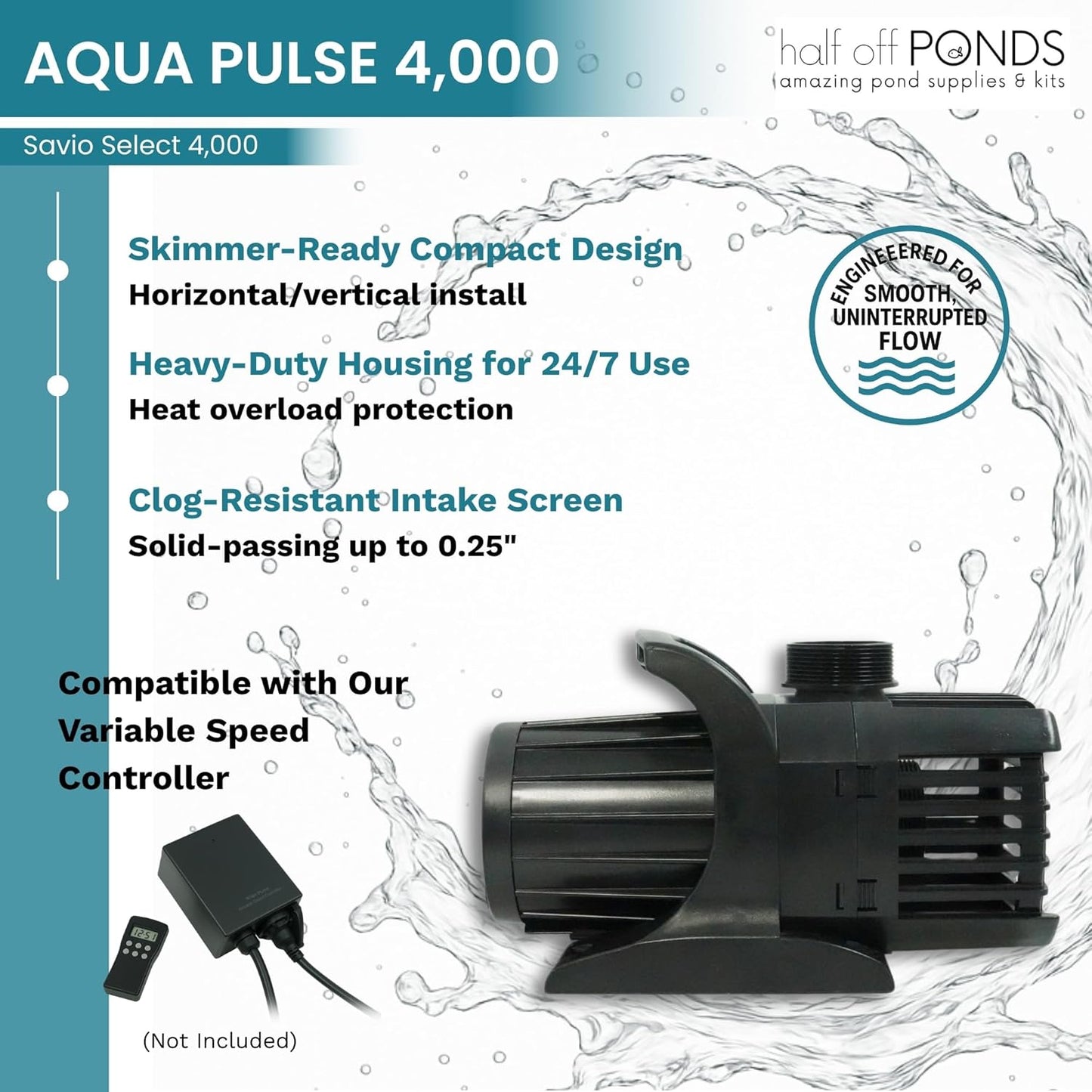 HALF OFF PONDS Savio Select 4,000 GPH Submersible Pump Pond Kit with 20' x 25' EPDM Rubber Pond Liner, UV Clarifier for Water Garden & Koi Pond