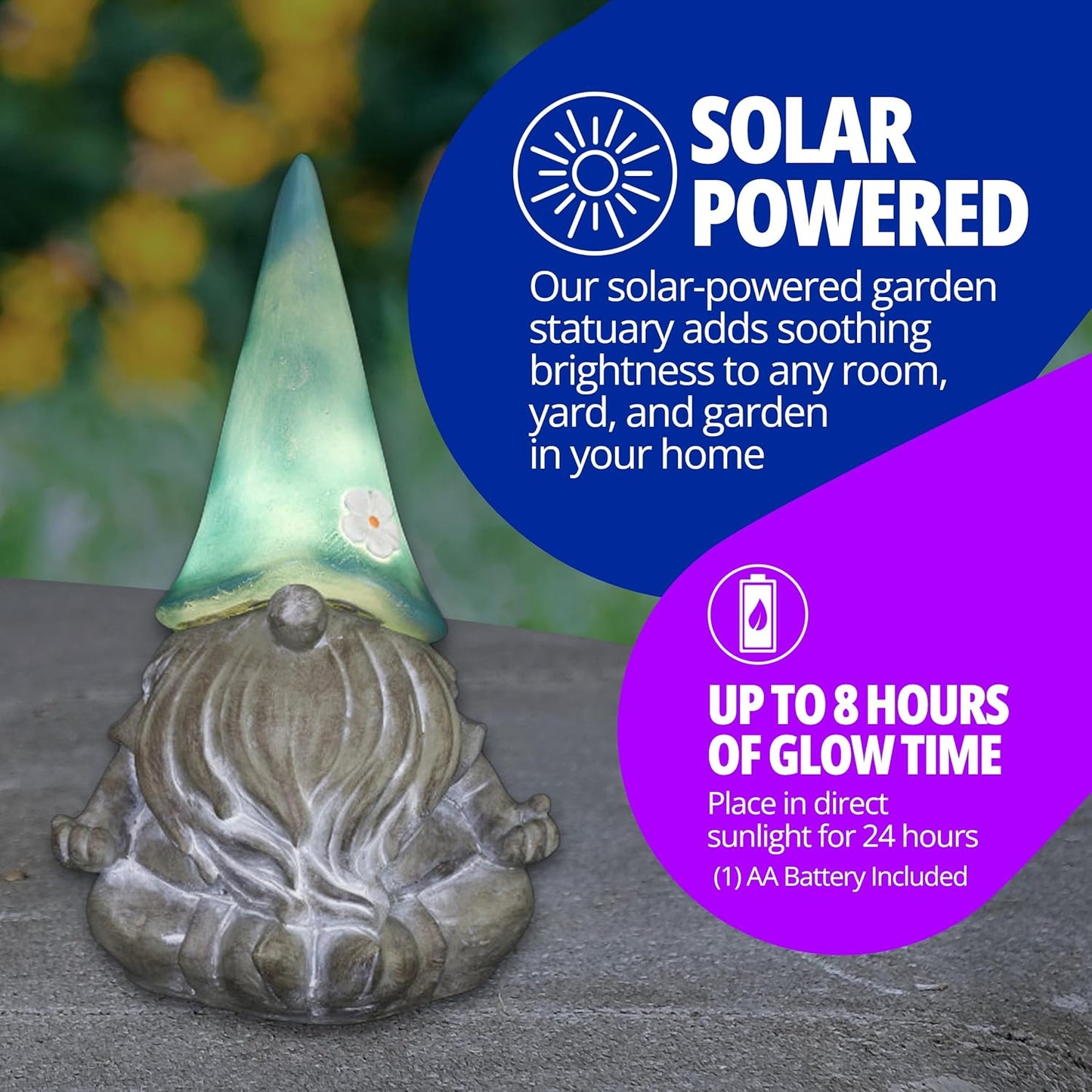 Exhart Garden Sculpture, Meditating Yoga Solar Garden Gnome Statue, LED Flower Hat, Outdoor Garden Decoration, 7 x 11.5 Inch, Teal