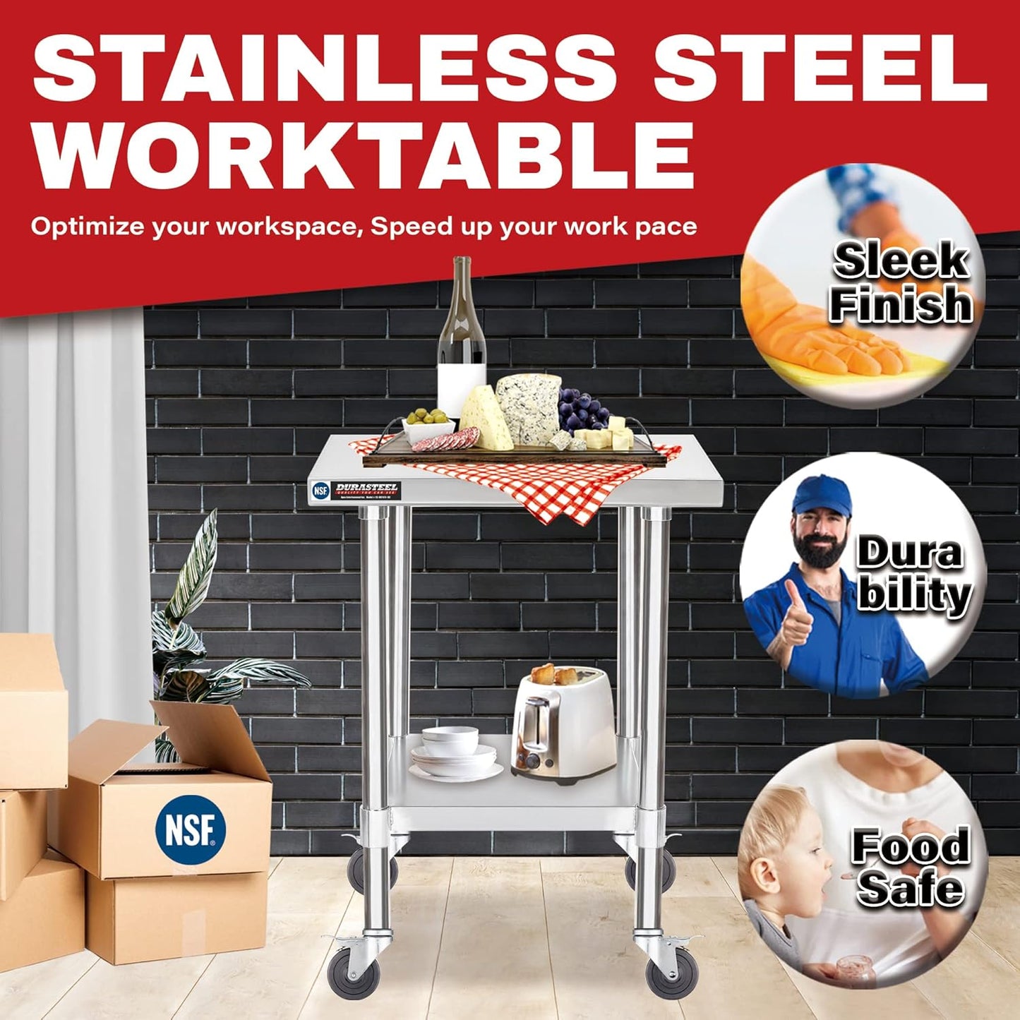 DuraSteel 24x24 NSF Stainless Steel Cart Work Table - Heavy Duty Rolling Food Prep Table - Metal Utility Cart on Wheels Caster, Grill Stand Microwave Outdoor Kitchen Tables Countertop Island Large Top