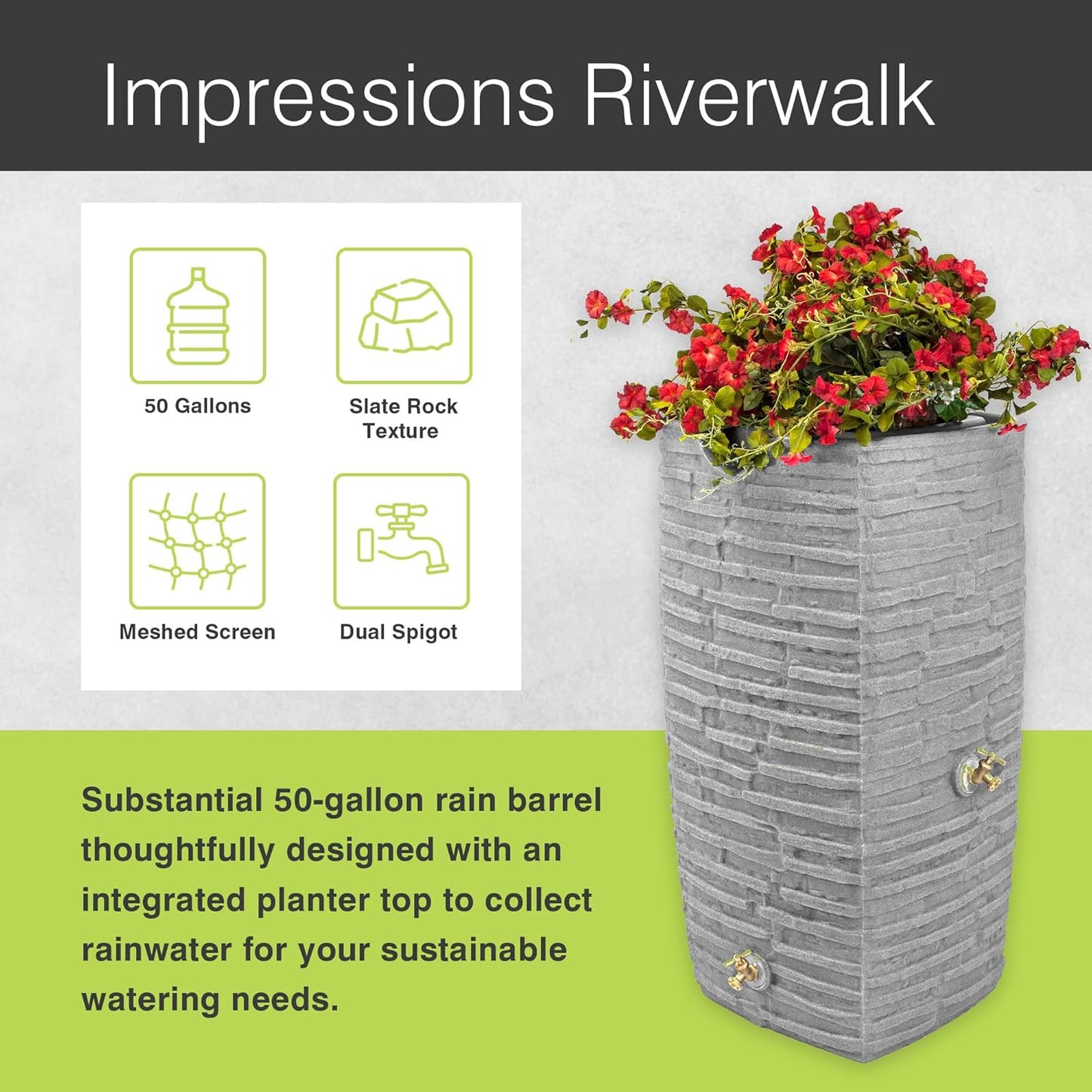 Good Ideas Rain Barrel, Faux Slate Riverwalk w/ 2 Brass Spigots, 50-Gal, Light Granite