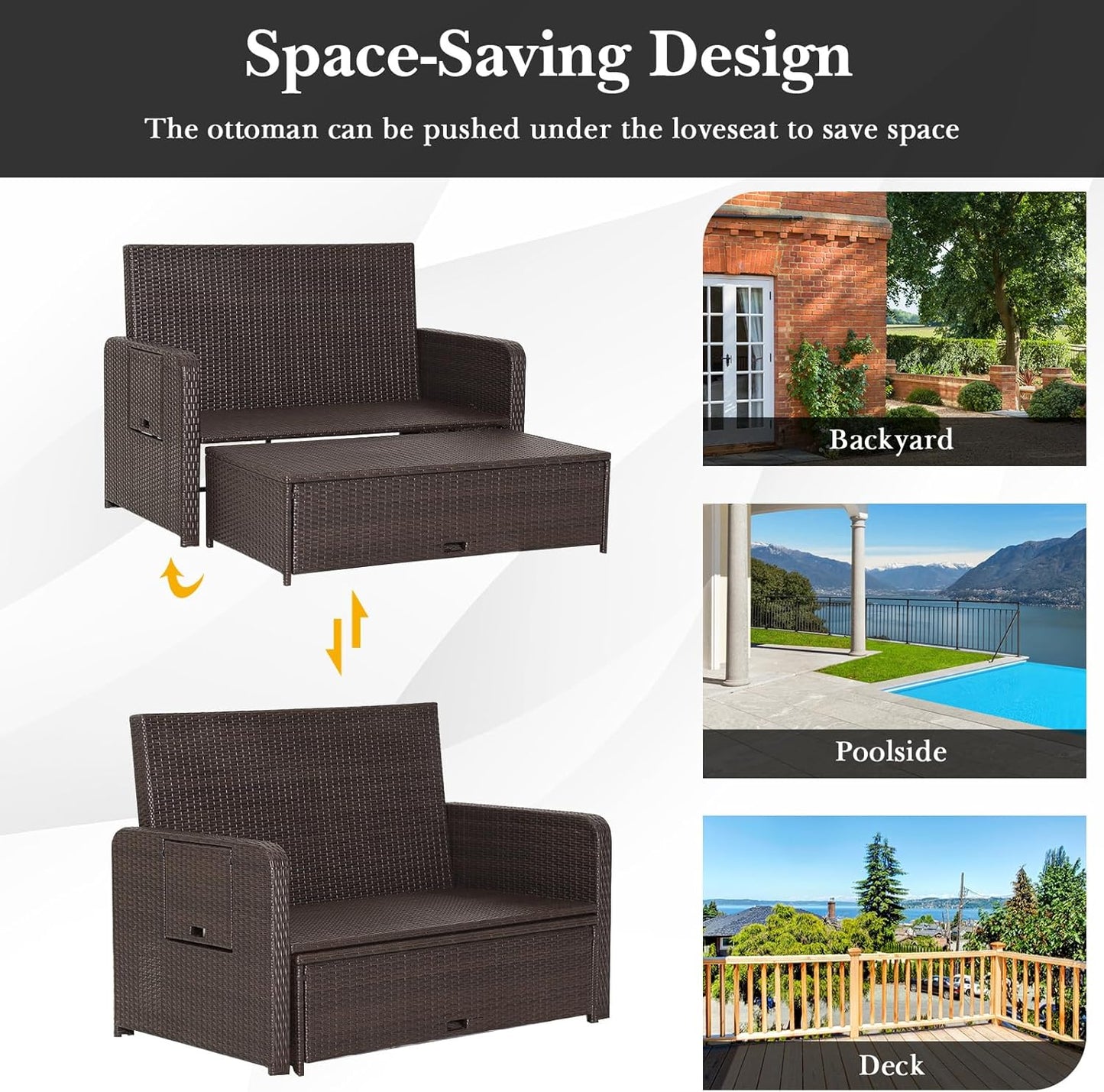Tangkula Patio Rattan Daybed Set, Wicker Loveseat Sofa w/Multipurpose Ottoman & Retractable Side Tray, 4-Level Adjustable Backrest, Footstool w/Storage, Seat & Back Cushion Included (Black)