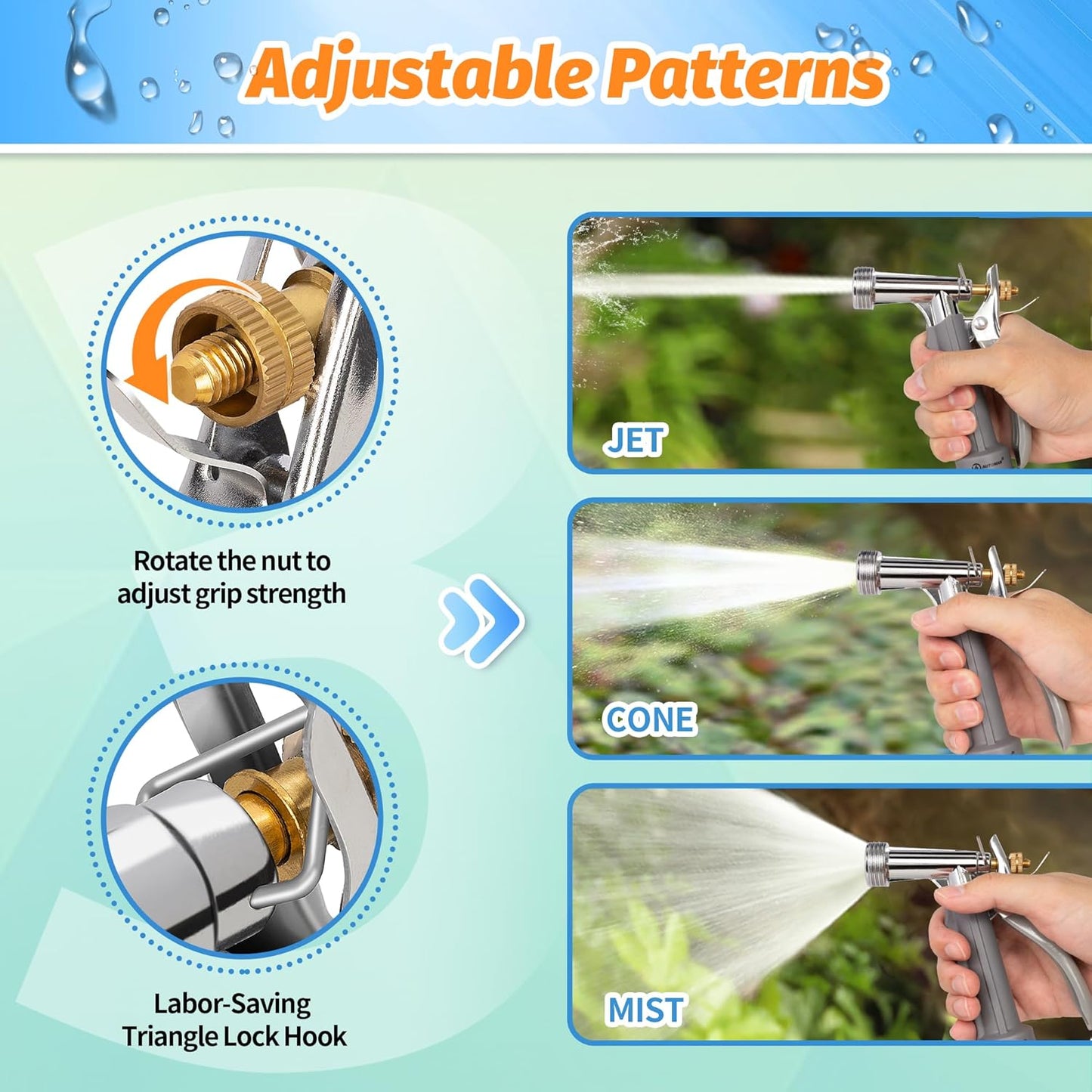AUTOMAN Full Size Garden Hose Nozzle, High Pressure Pistol Grip Water Nozzle Sprayer with Threaded Front, Adjustable Spray Water Flow for Washing Car, Cleaning Ground, Watering Plants, Showering Pets