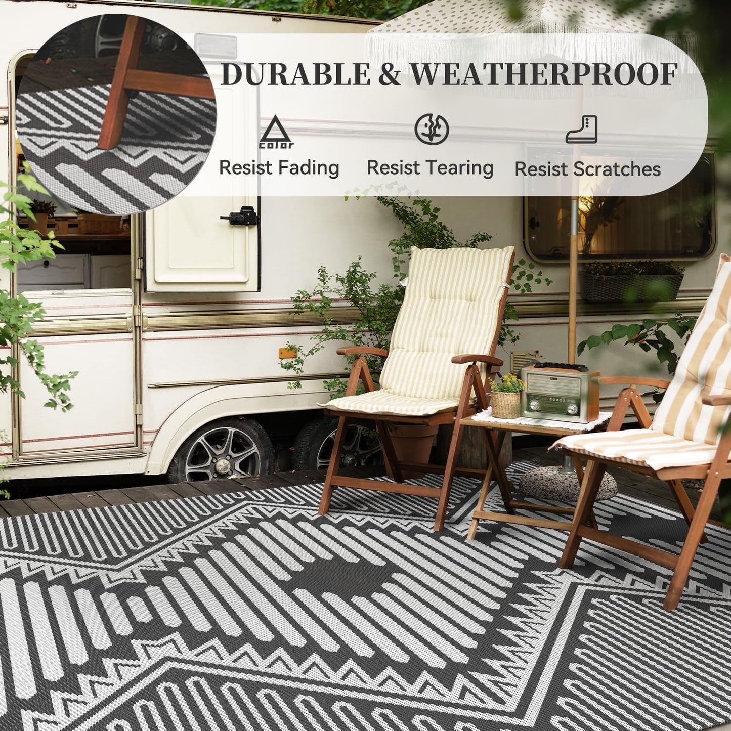 MontVoo Outdoor Rug-Waterproof Patio Rug Mat 5x8 Outdoor Carpet Mat Reversible Plastic Straw Outside Outdoor Rug for RV Camping Picnic Beach Balcony Backyard Pool Deck Porch Modern Boho Grey