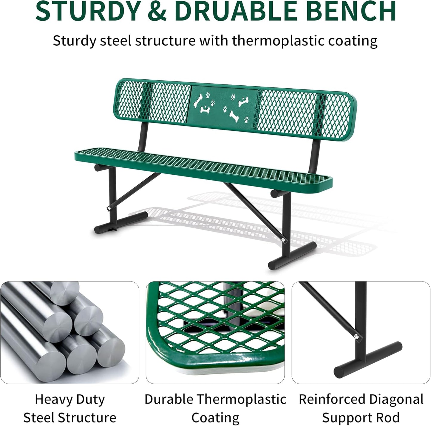 6 Feet Steel Park Bench for Outside, Outdoor Bench with Backrest & Portable Frame, Commercial Benches for Parks, School, Patio, Deck, Store,Green
