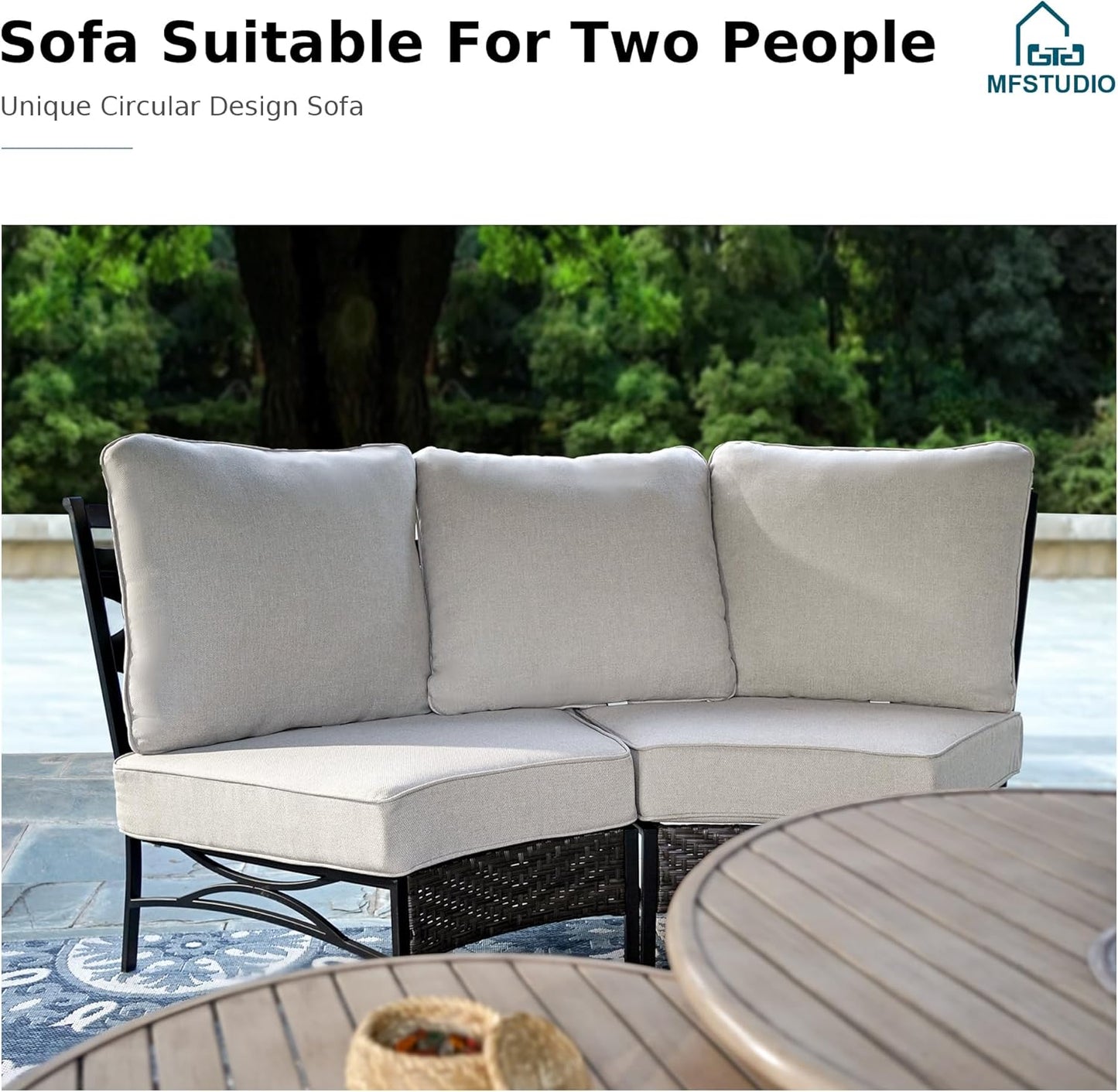 MFSTUDIO Patio Furniture Set, 10 Seats Half-Moon Curved Outdoor Sectional Sofa Conversation Set with 2 Wood-Like Round Table, Woven Rattan Patio Couch for Backyard, Garden, Deck