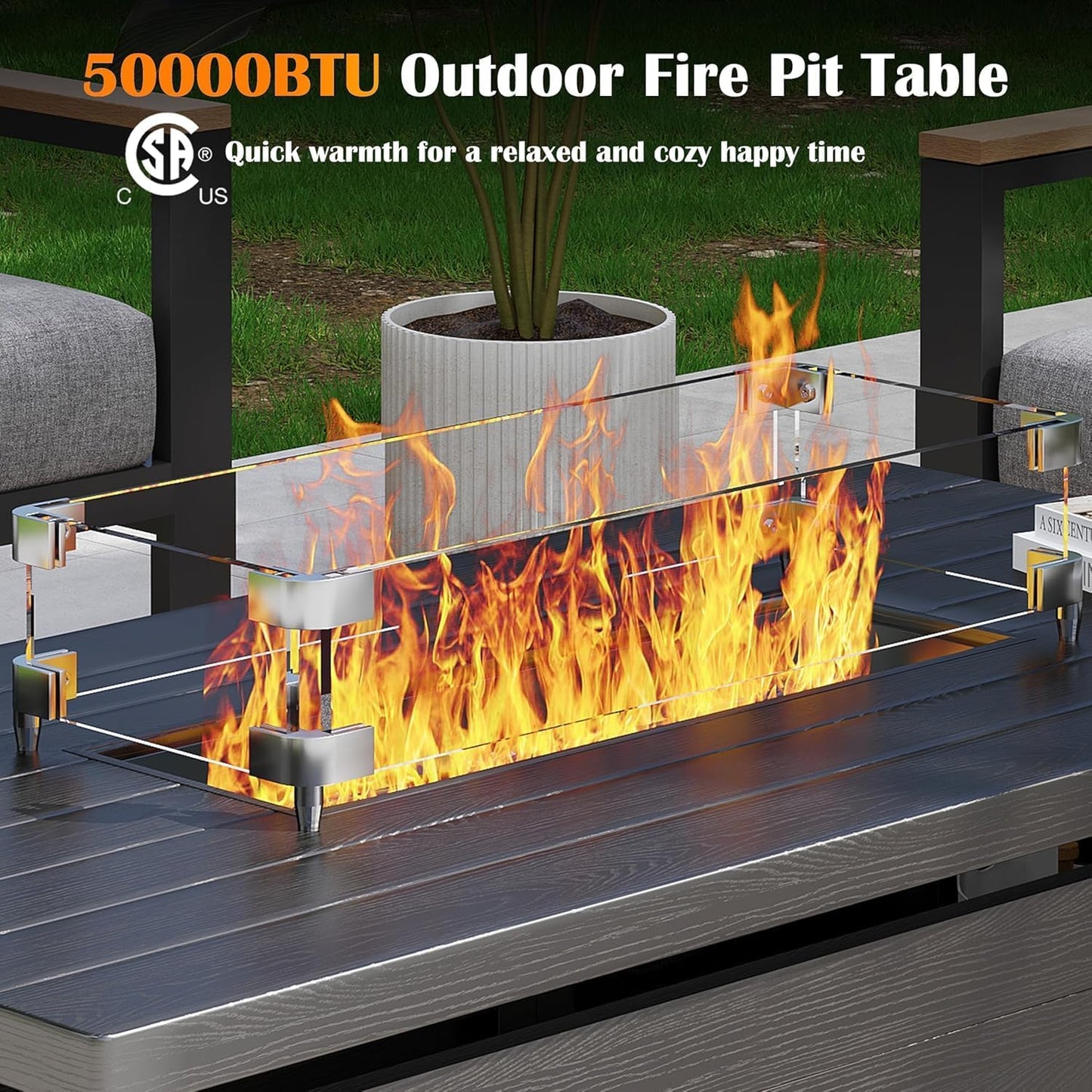 Sundale Outdoor 5 Pieces Metal Patio Furniture Set with Fire Pit Table, Outdoor Sectional Sofa w/6 Inch Olefin Cushion, Modern Outdoor Conversation Sets