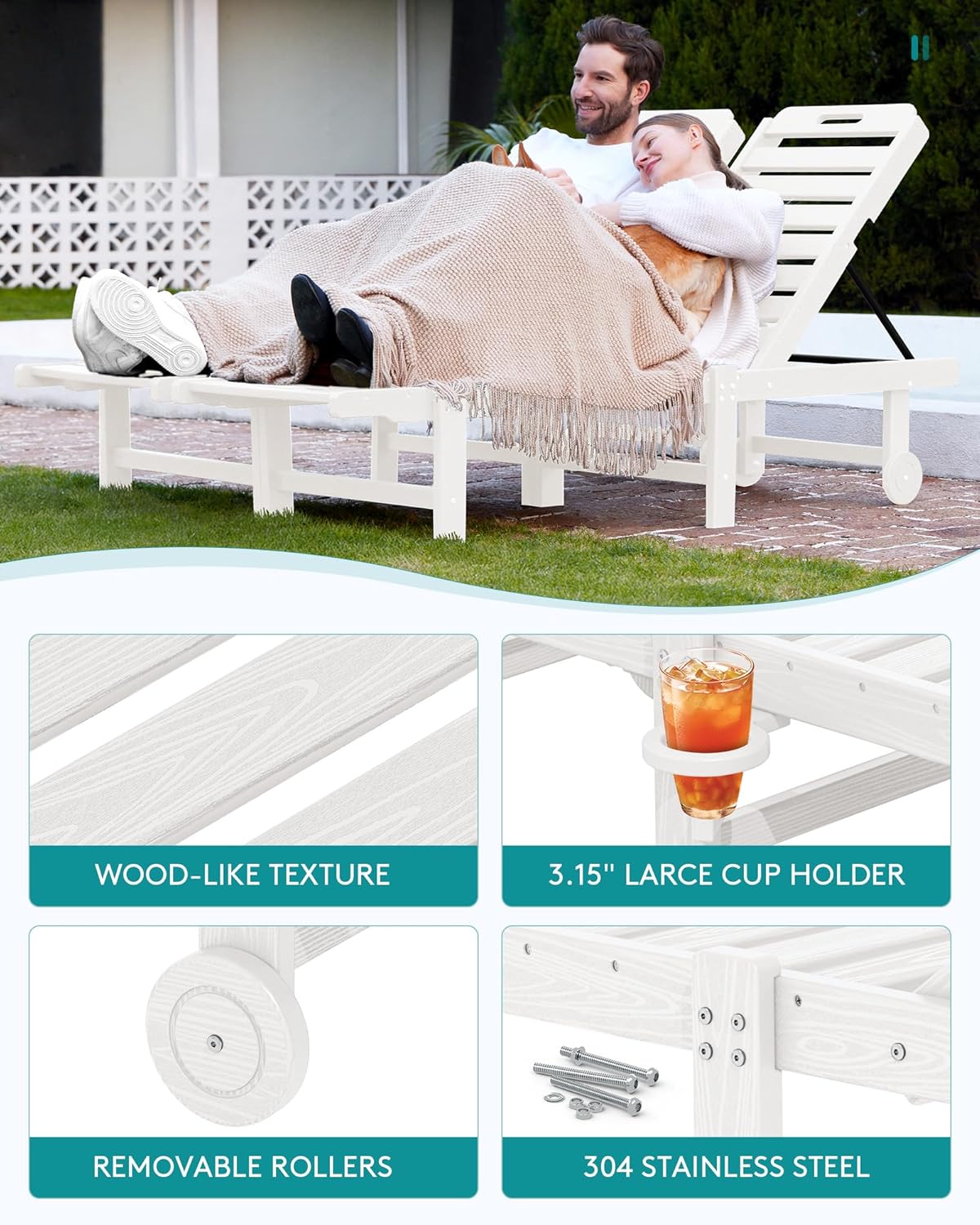 SERWALL Patio Chaise Lounge Set of 2, HDPE Outdoor Lounge Chair with Cup Holder, 5 Positions Adjustable Pool Lounge Chair with Rolling Wheels for Poolside, Deck, Sunbathing, White