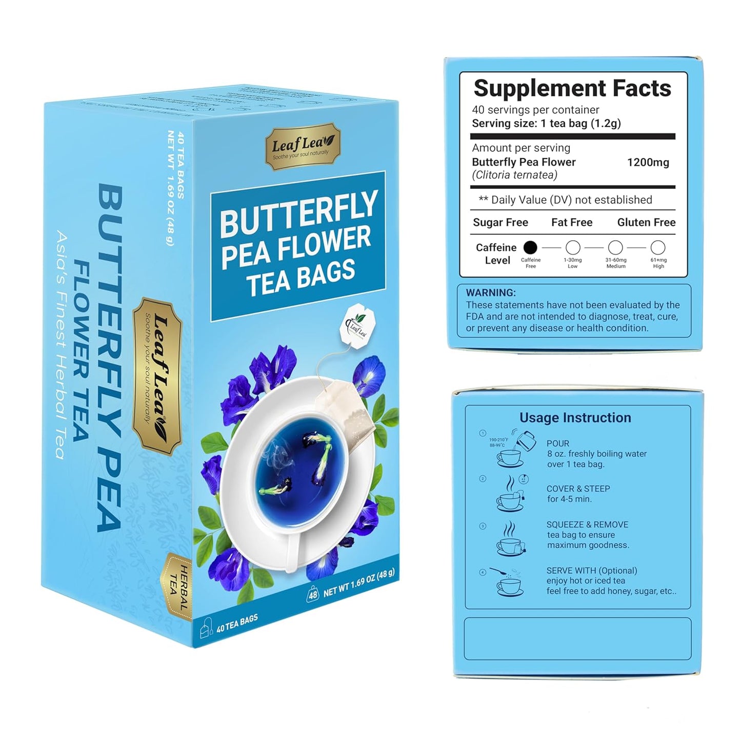 LeafLea 80 Butterfly Pea Flower Tea Bags, Natural Herbal Tea for Blue and Purple Drinks, Mocktails, and Food Coloring, Caffeine-Free, Sugar-Free, Non-GMO, Pack of 2