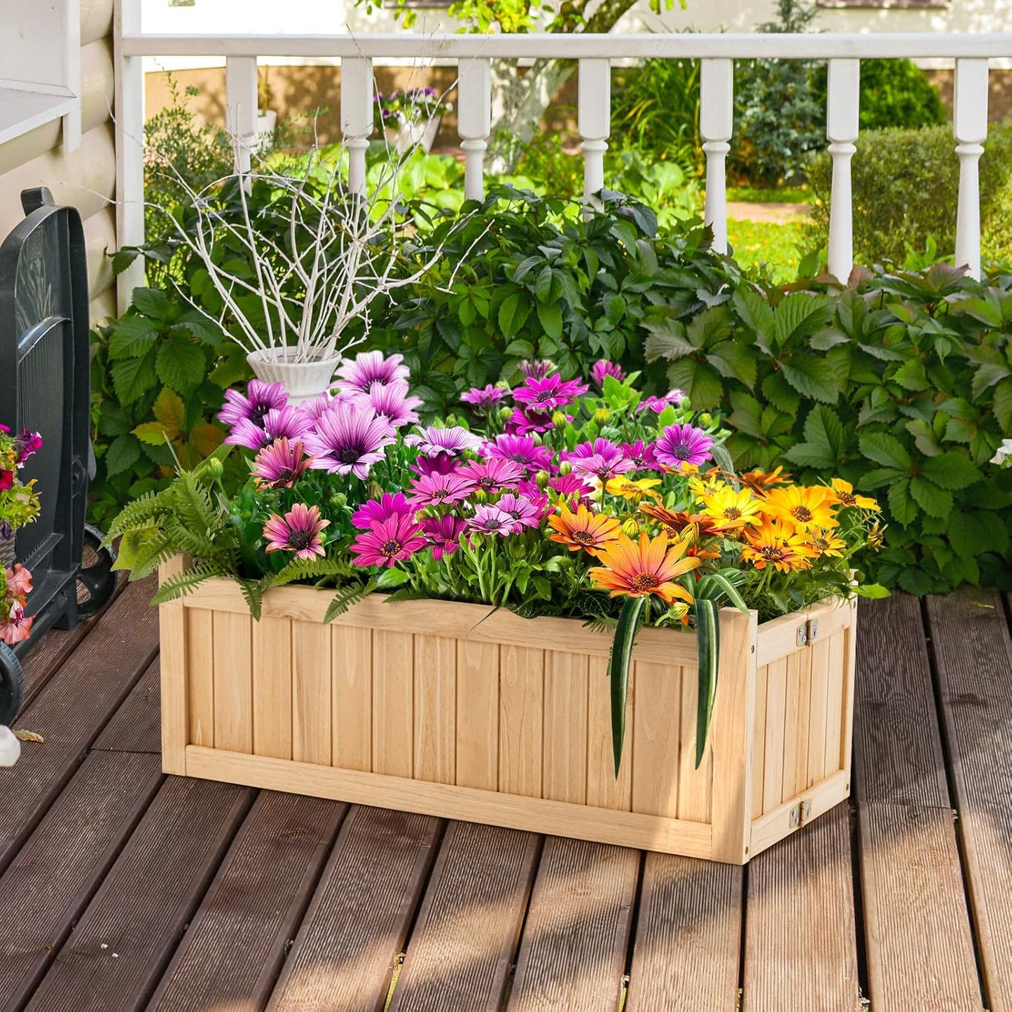 S AFSTAR Outdoor Wooden Planter Box, Folding Raised Garden Bed W/Drainage Hole, Patio Rectangle Plant Container for Flowers Vegetables Fruits Herbs, Collapsible Planting Box for Yard