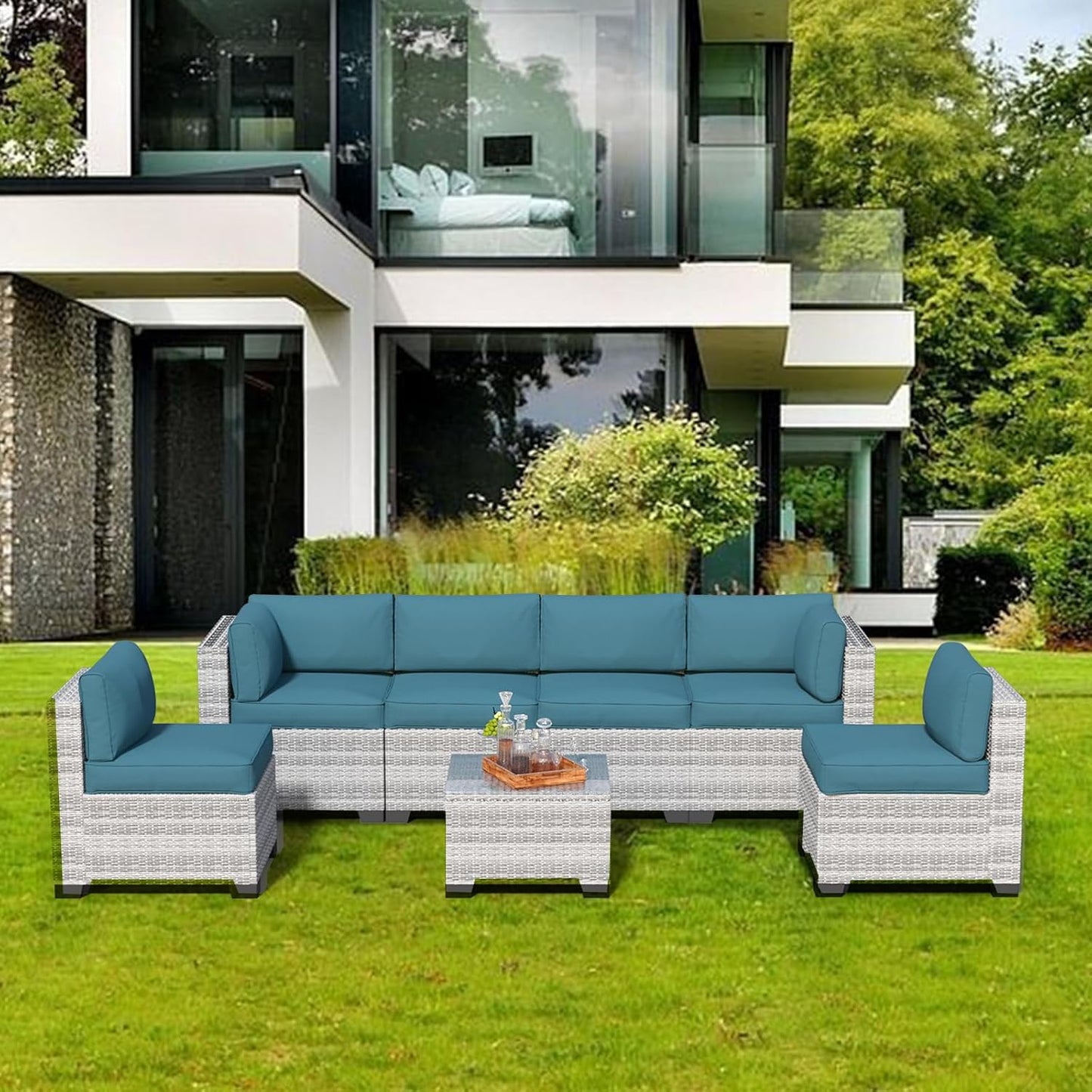 7 Piece Patio Furniture Set, Rattan Outdoor Patio Conversation Sets, Outdoor Sectional Furniture with Waterproof Cushion and Coffee Table, for Deck, Backyard, Garden, Peacock Blue-2
