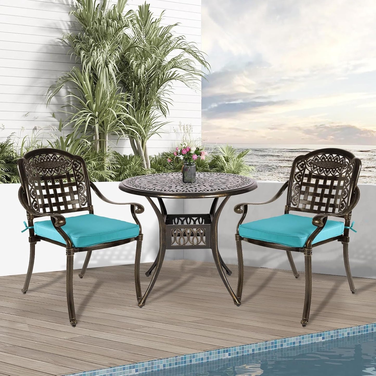 3-Piece Outdoor Patio Dining Set, All-Weather Cast Aluminum Patio Furniture Set for Backyard Garden Deck with 2 Cushioned Chairs and 35.4” Round Table, 2" Umbrella Hole, Ocean Blue