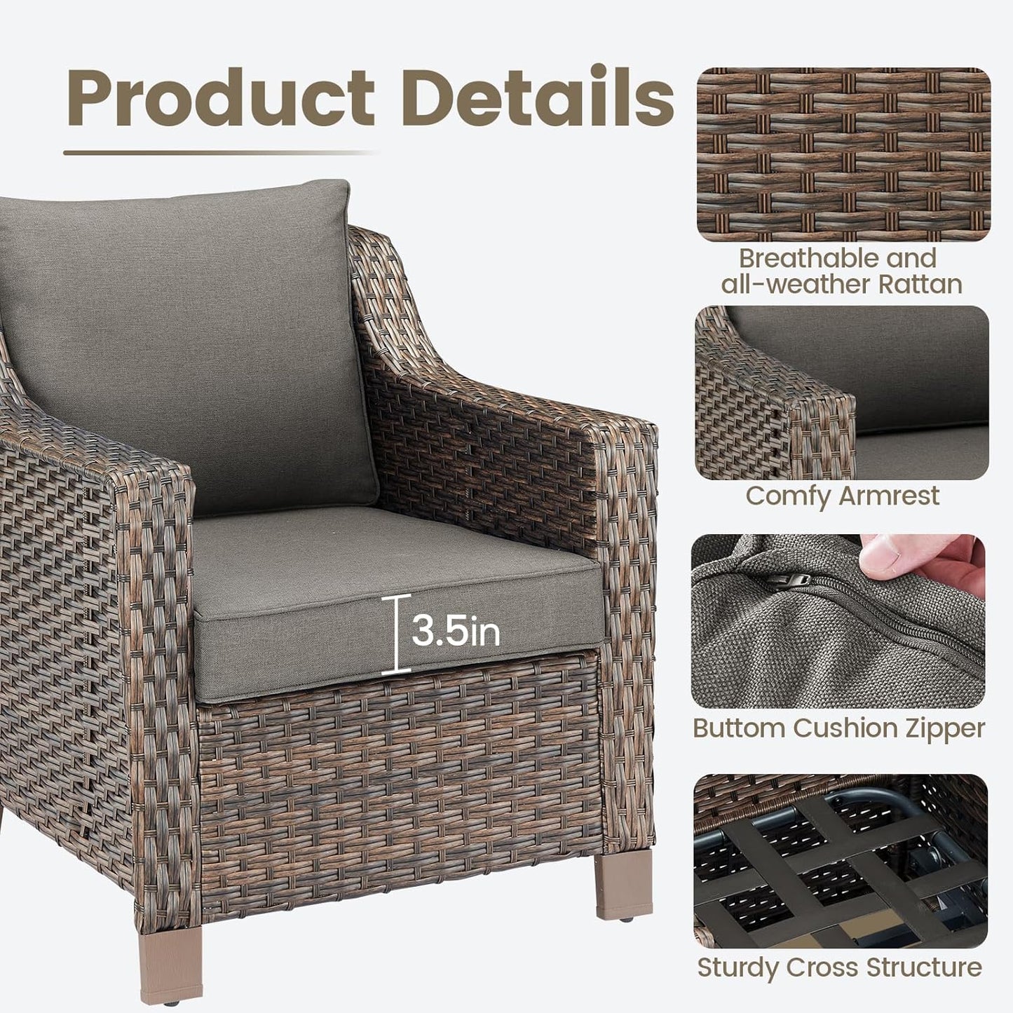 Outdoor Wicker Patio Chairs Set of 4 - Heavy Duty Outside Rattan Lawn Chair for Front Porch Balcony Backyard Yard Deck Poolside Apartment – Brown/Grey