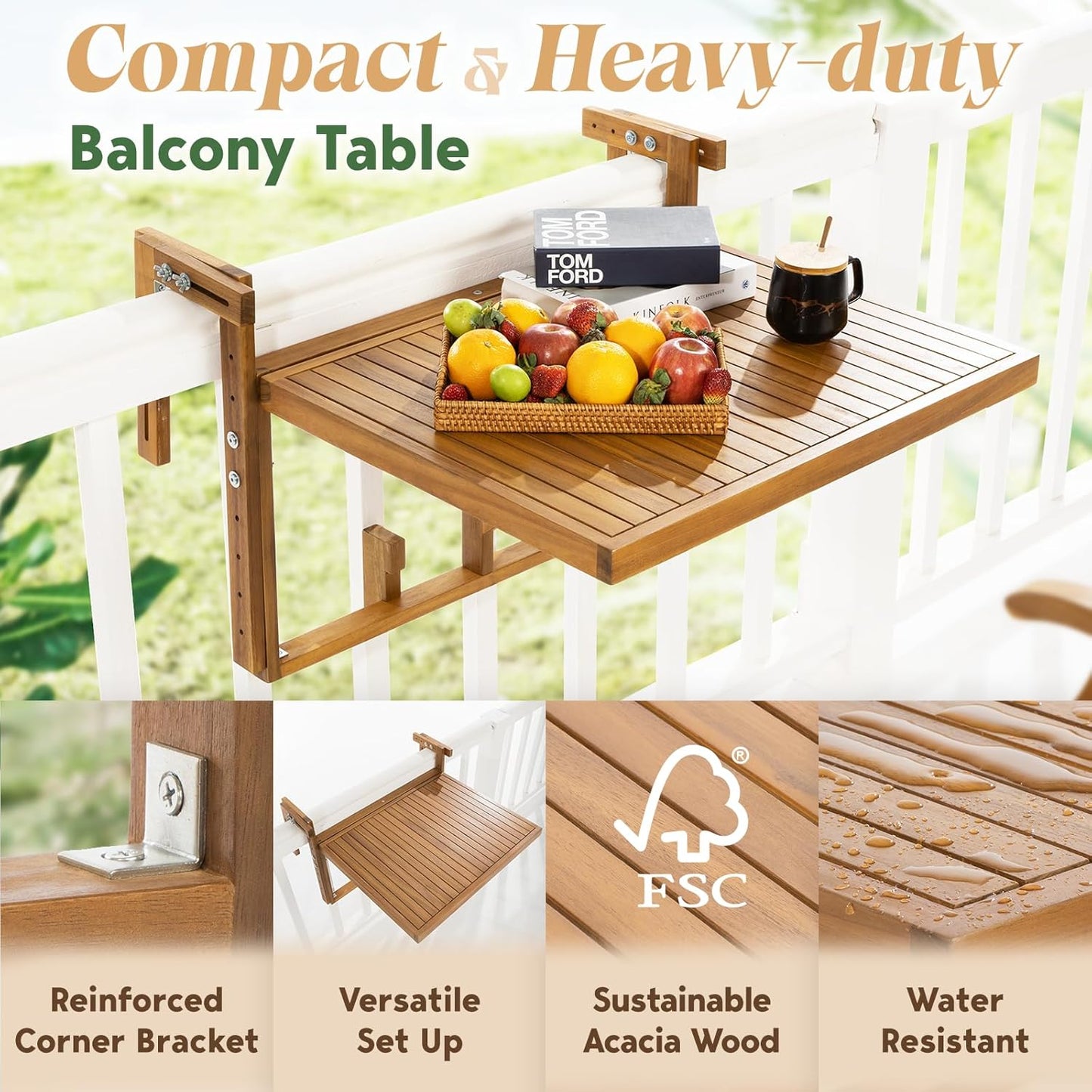 Idzo FSC Acacia Wood Folding Balcony Bar Table for Railings, Adjustable Height & Width, Teak Brush Finish Durable Against Weather, Ideal Spacious Dimension of 27 9/16 x 21 5/8 Inch, Rectangular Design