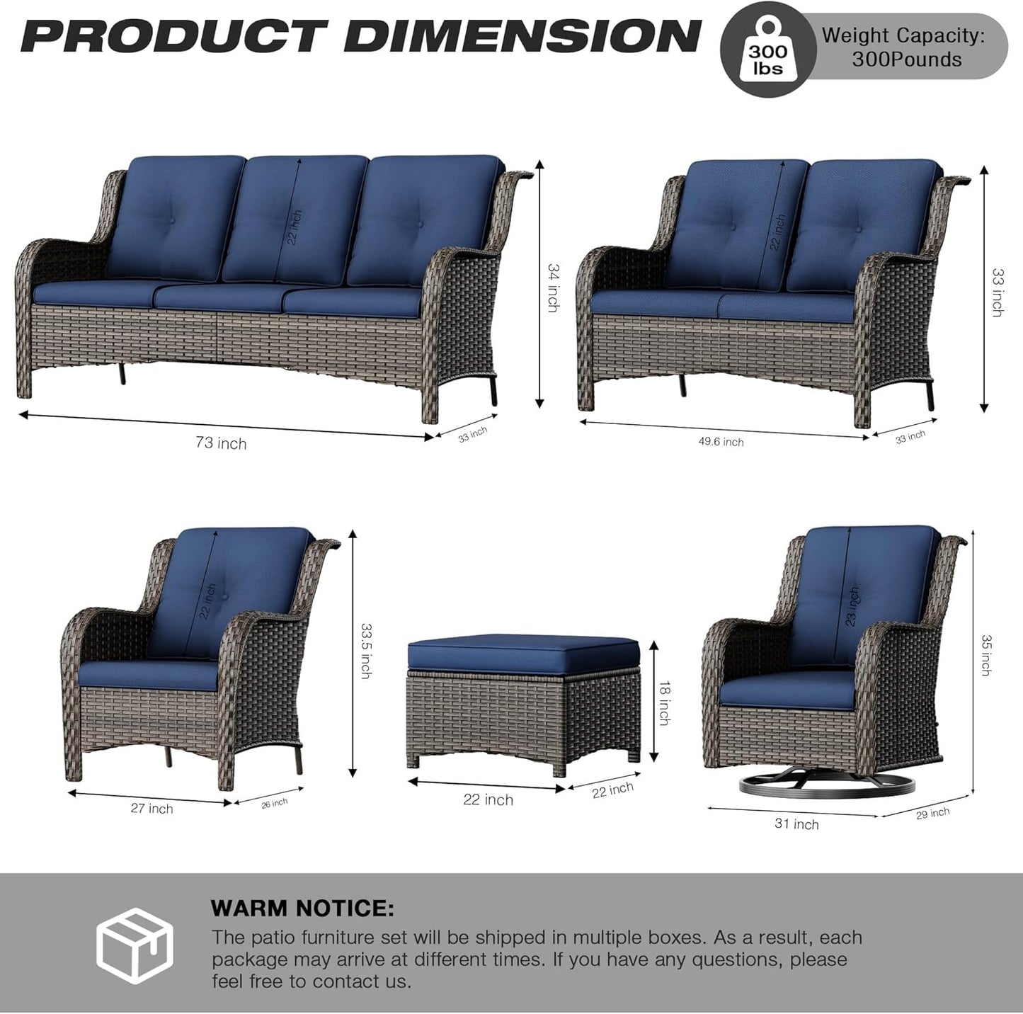 Joyside Patio Furniture Set 6 Pieces - Outdoor Rattan Furniture Set with 2 Armchairs, 2 Couch and 2 Ottomans, Olefin Cushions Included(Mixed Grey/Blue)
