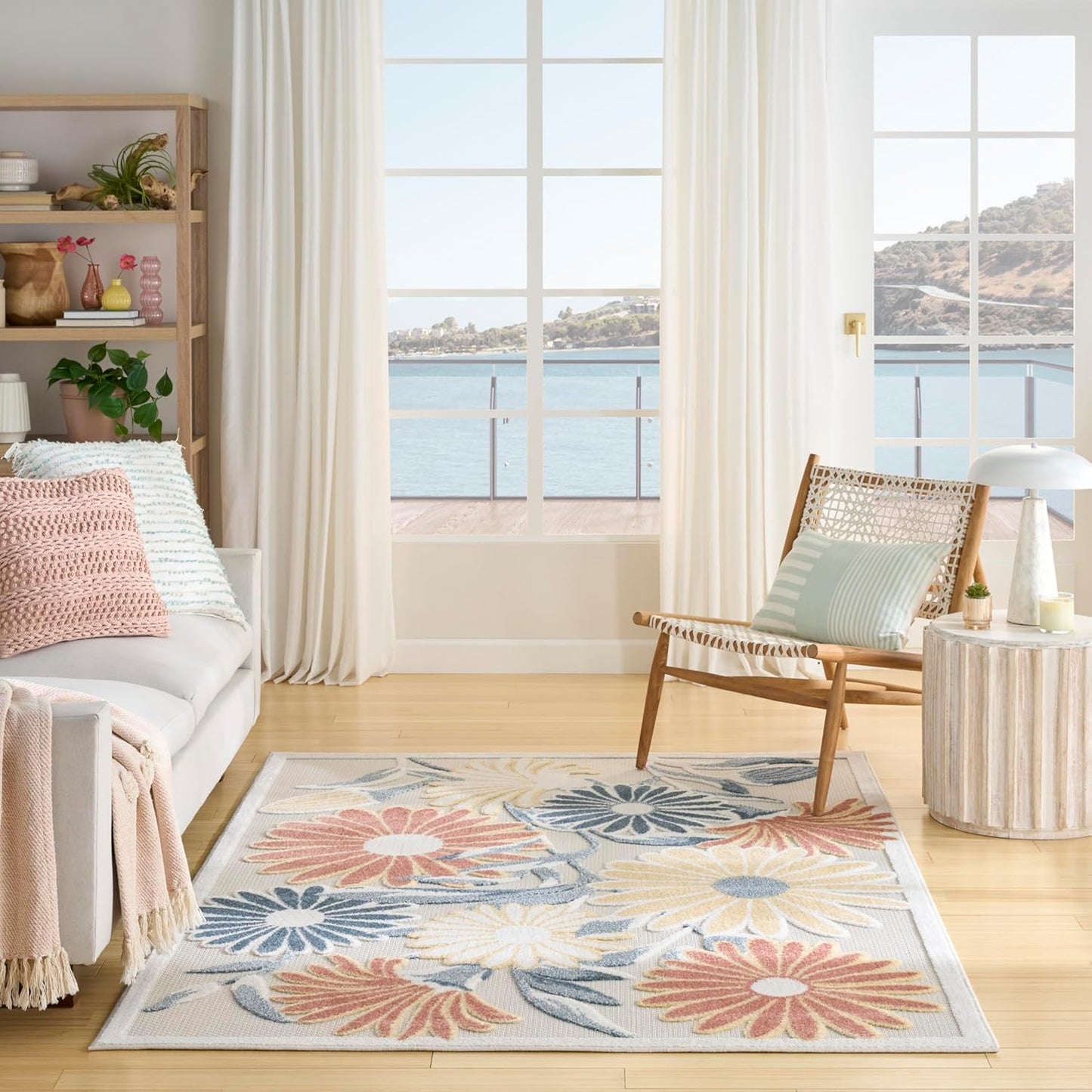 Nourison Aloha Ivory Rose 5'3" x 7'5" Area Rug - Easy Clean, Non Shedding, Bed Room, Living Room, Dining Room, Kitchen (5' x 8')