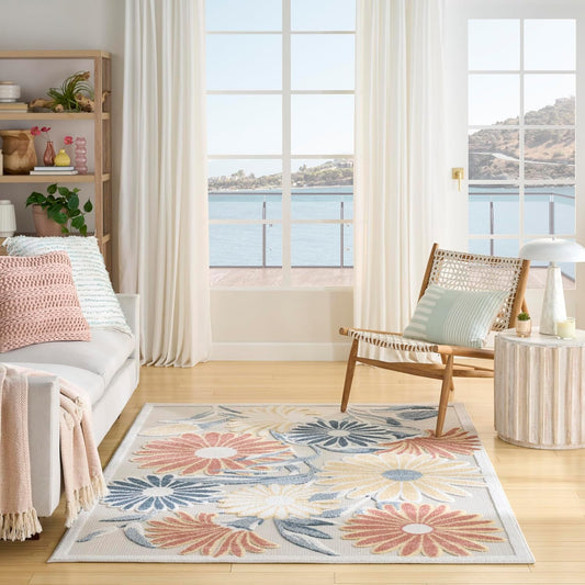 Nourison Aloha Ivory Rose 3'6" x 5'6" Area Rug - Easy Clean, Non Shedding, Bed Room, Living Room, Dining Room, Kitchen (4' x 6')
