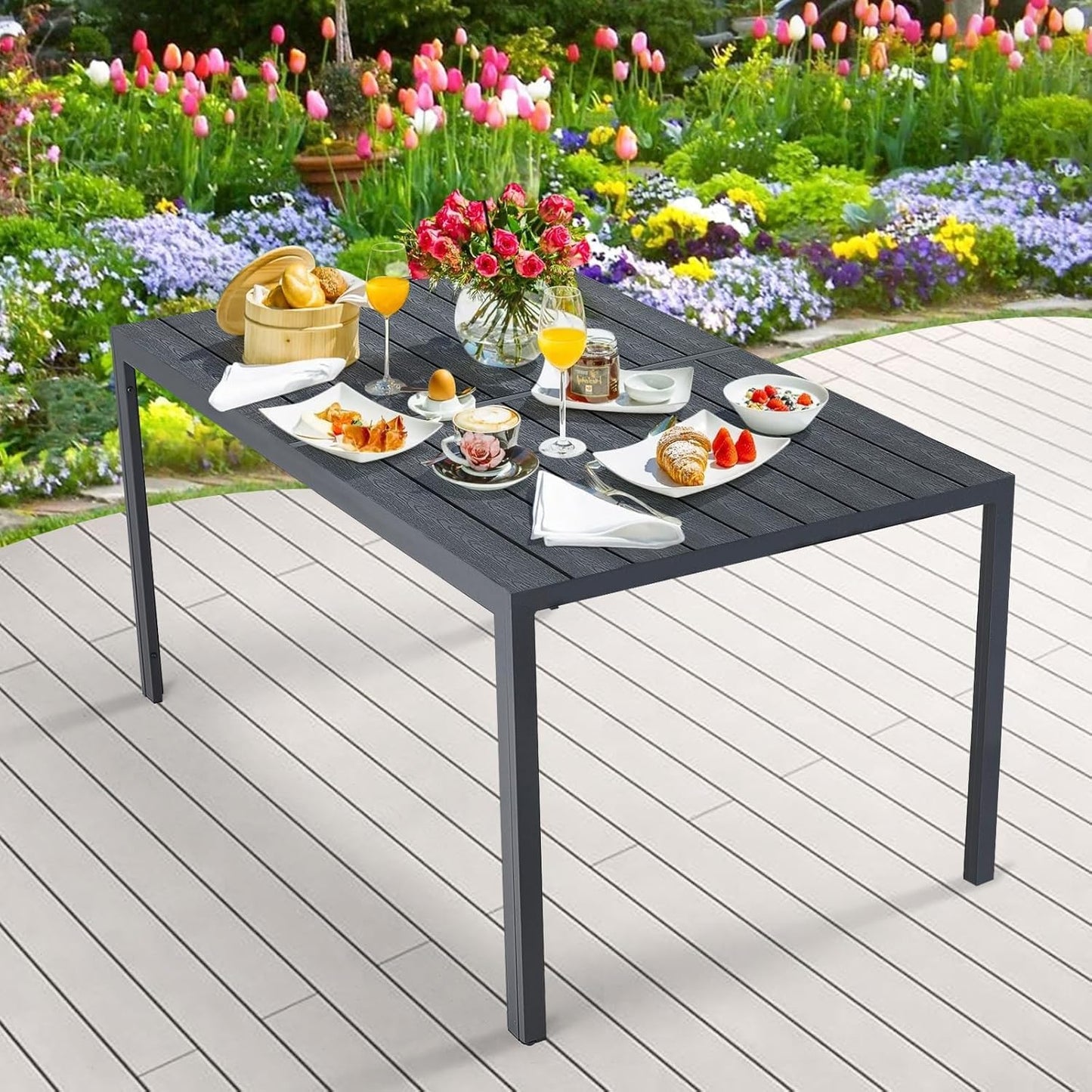 AECOJOY 60" Outdoor Dining Table, Aluminum Patio Table with Wood-Plastic Composite Tabletop,6 Seater Dining Table for Backyard Garden