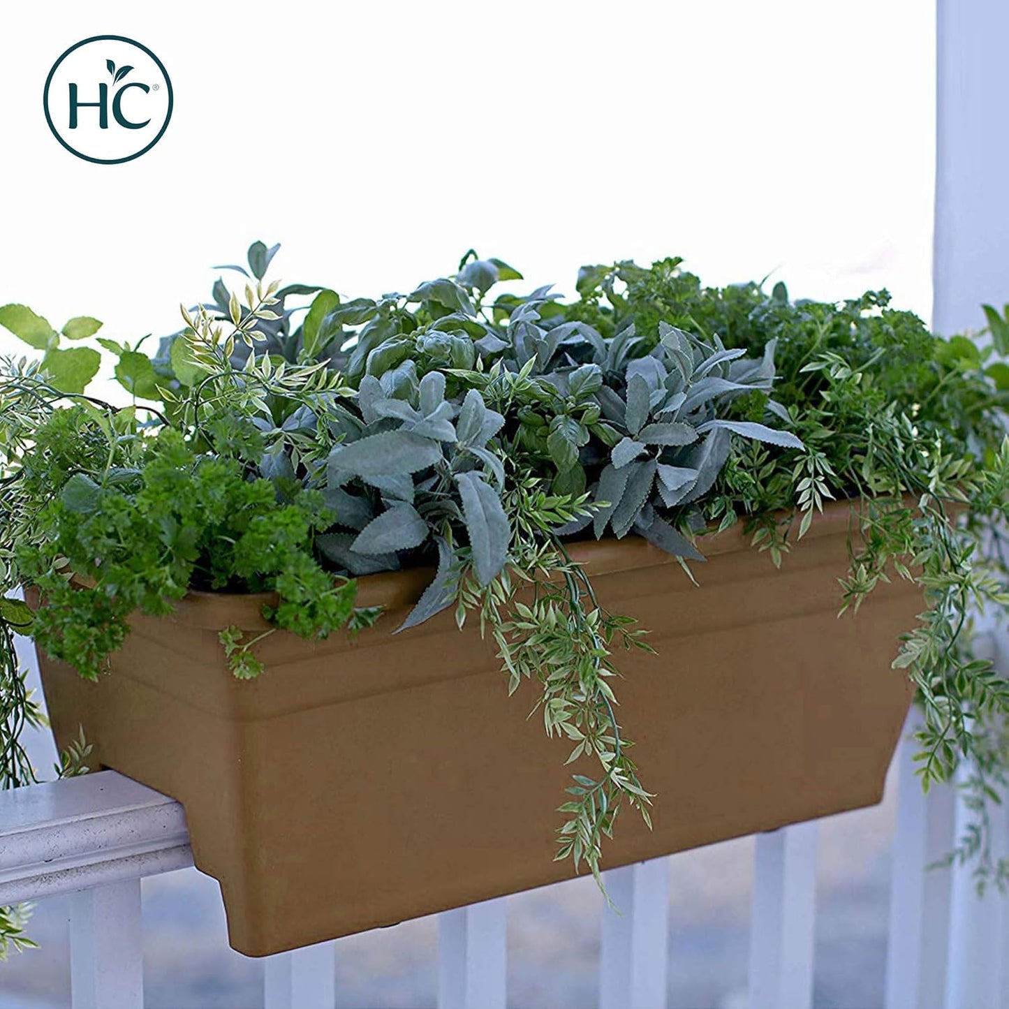 The HC Companies Deck Railing Planter Box w/Removable Drain Plugs - Lightweight & Weatherproof Plastic Flower Box - Balcony Planters for Railing and Fence (24”, Chocolate)