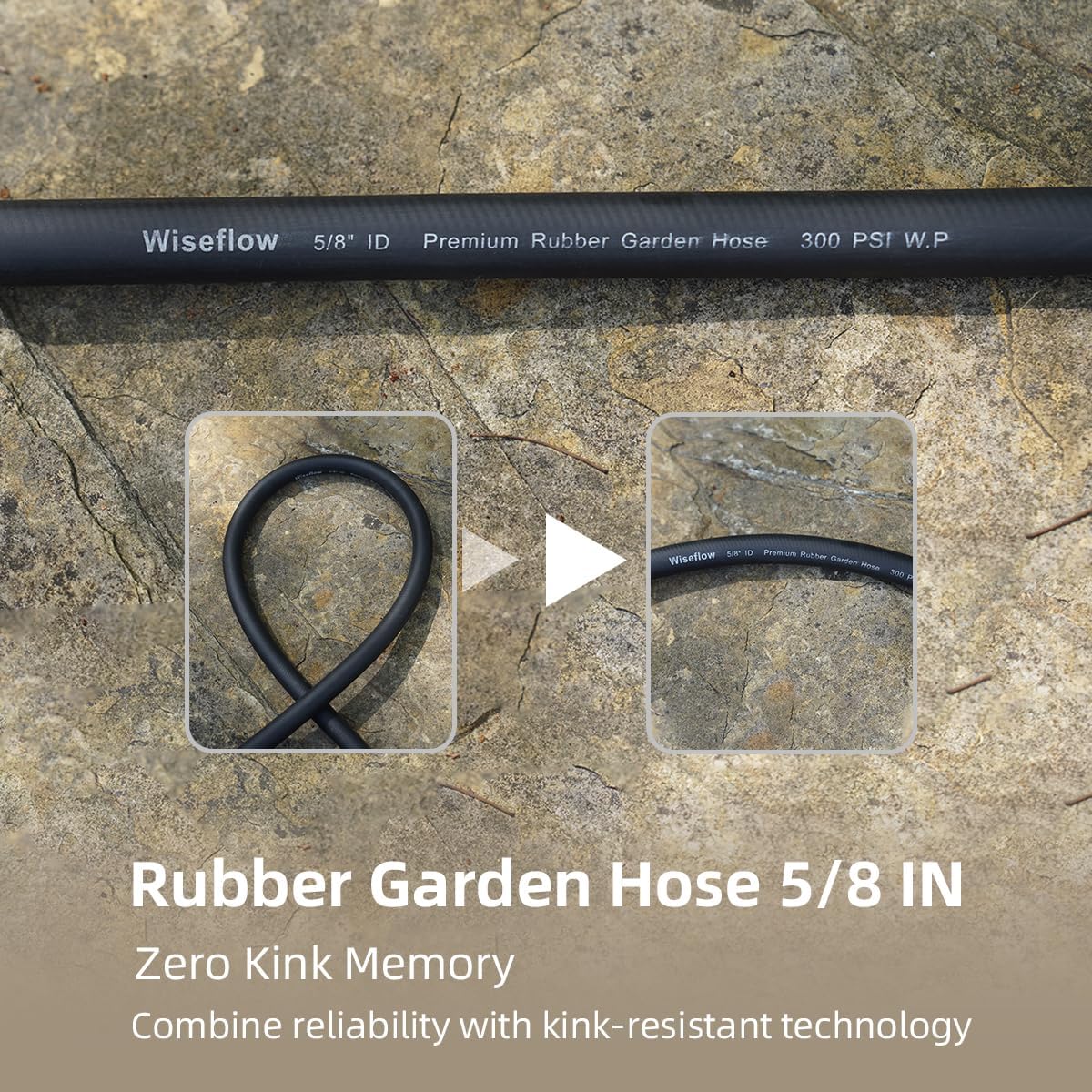 WiseFlow Garden Hose 100FT x 5/8", Heavy Duty Rubber Hose, 1000PSI Burst, 300PSI Working, Water Hose with Five Layered Braiding, Male Female Fittings (Black)