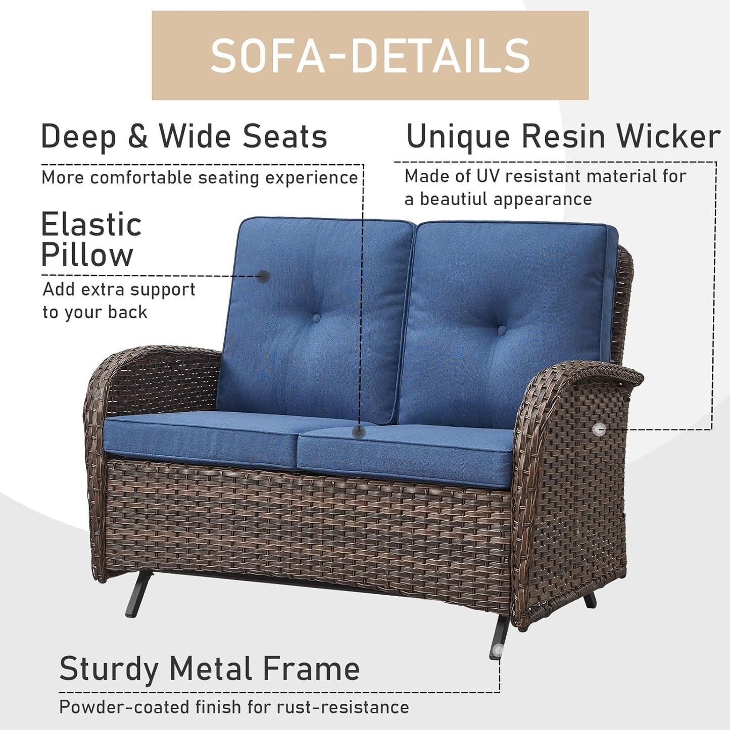 HUMMUH 7-Piece Patio Furniture Set with Fire Pit,Wicker Patio Glider Loveseat Outdoor Swivel Rocker Chairs with Ottomans for Backyard,Poolside,Deck