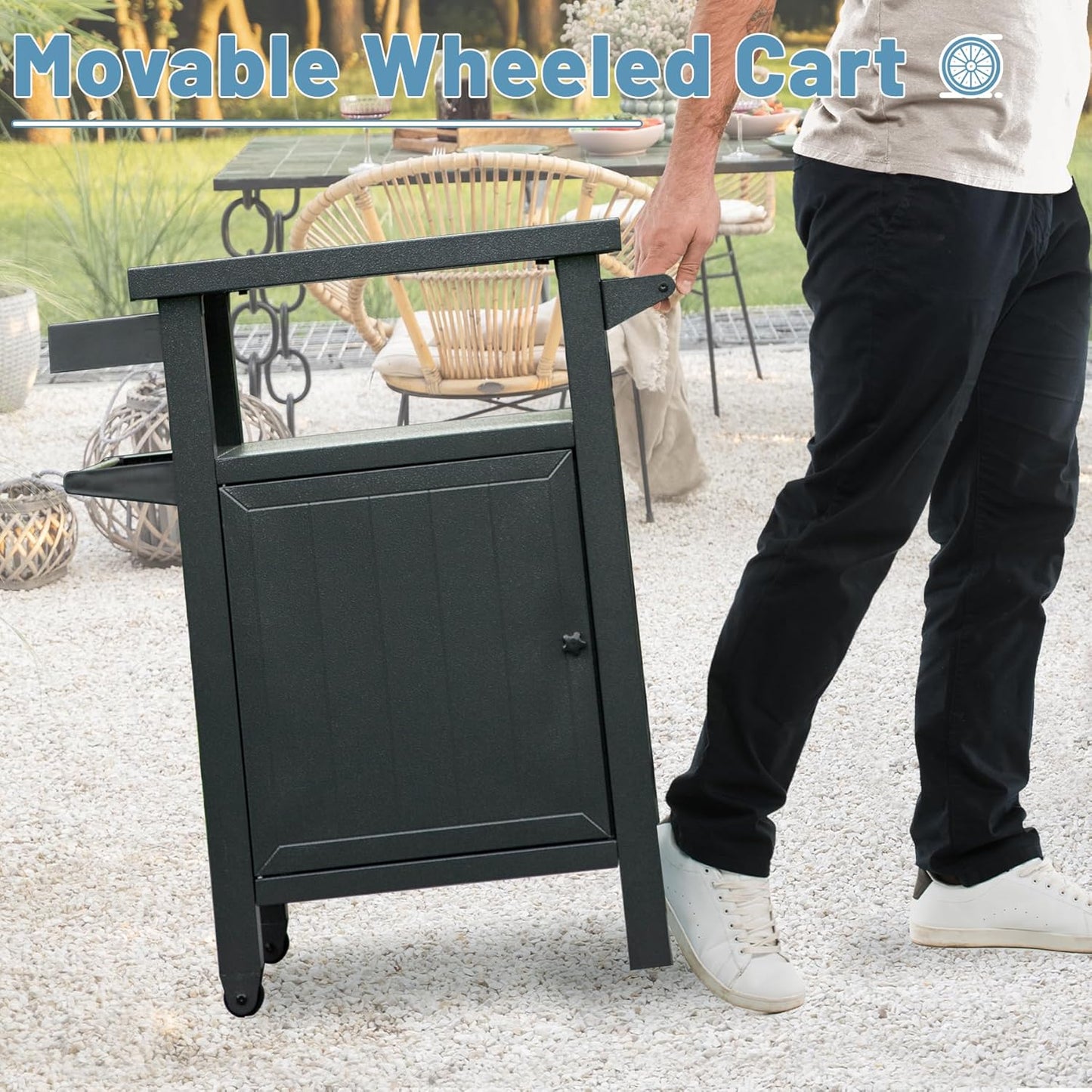 Grill Cart Outdoor with Storage Cabinet, Portable Rolling Patio Bar Cart with Wheels, BBQ Prep Table, Movable Stainless Steel Kitchen Island Dining Cart for Food/Drink/Cooking -Grey