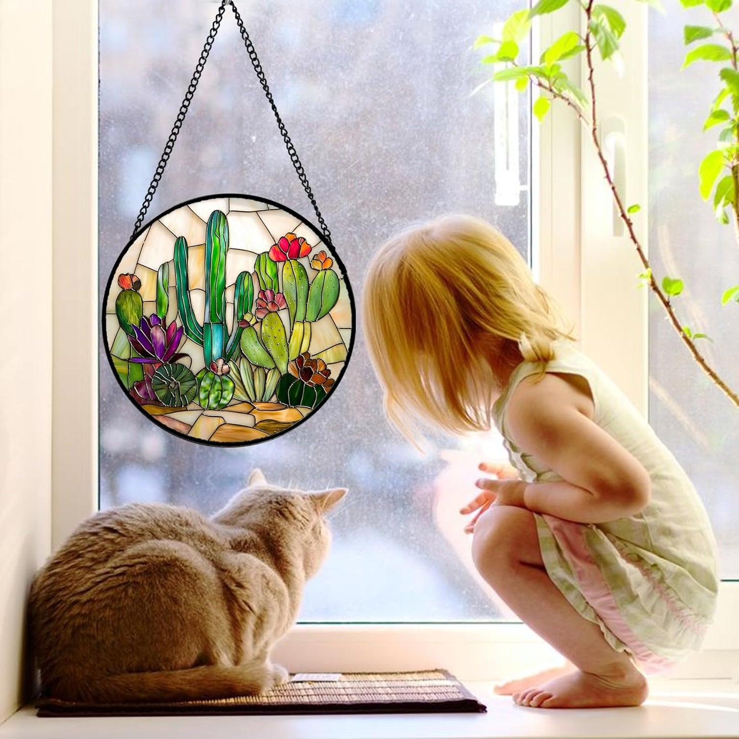 Stained Glass Window Hanging, White Green Cactus Suncatcher Diamond Glass Panel Hangings Sun Catchers Decor for Birthday for Women, Men, Wife, Aunt, and Mom 11.8x11.8 in