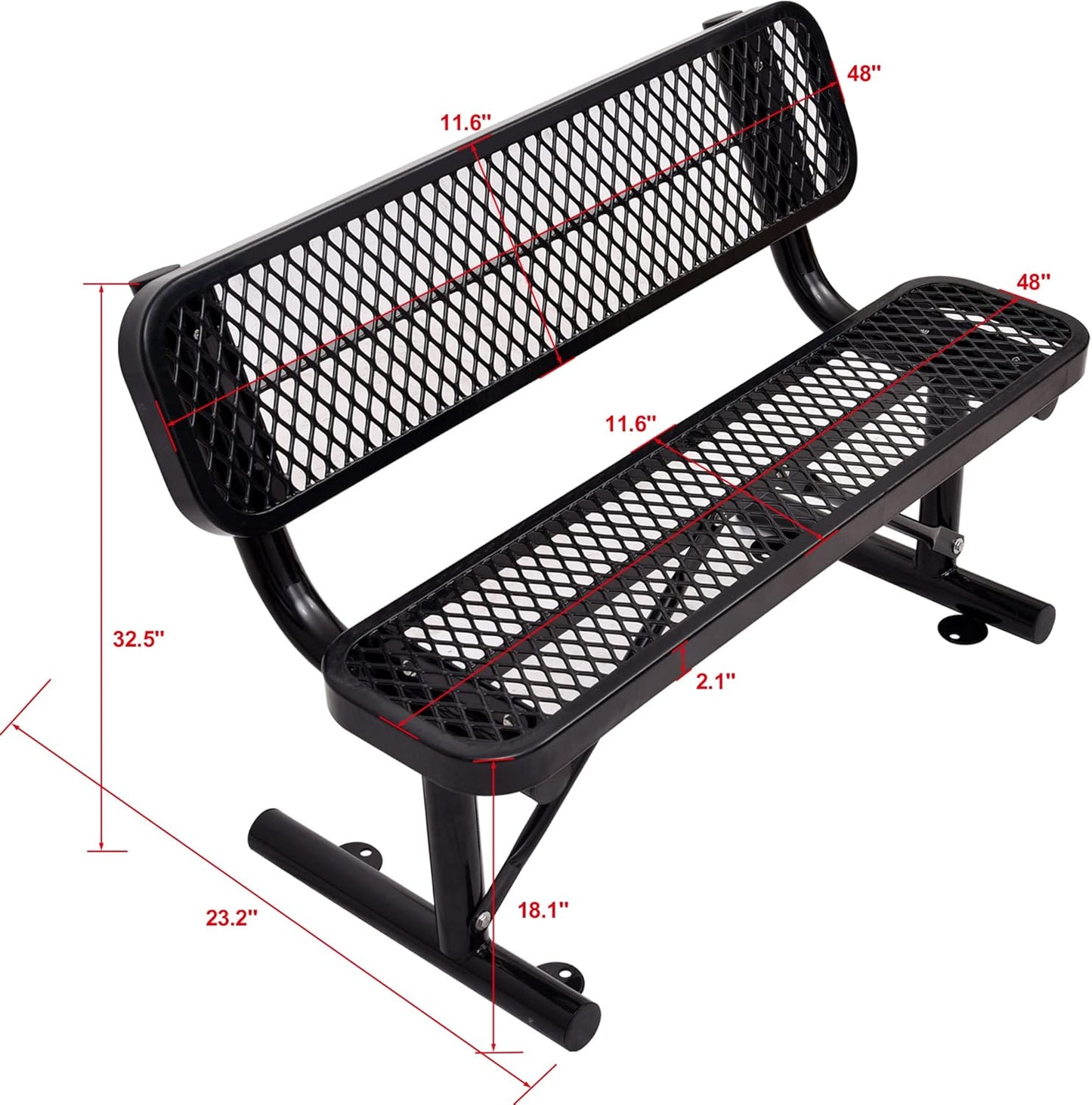 4 FT Heavy Duty Metal Park Bench with Back for Outside, Outdoor Black Bench with Backrest & Portable Frame, 1-3 Person Seat-Commercial Benches Garden Benches for Outdoors