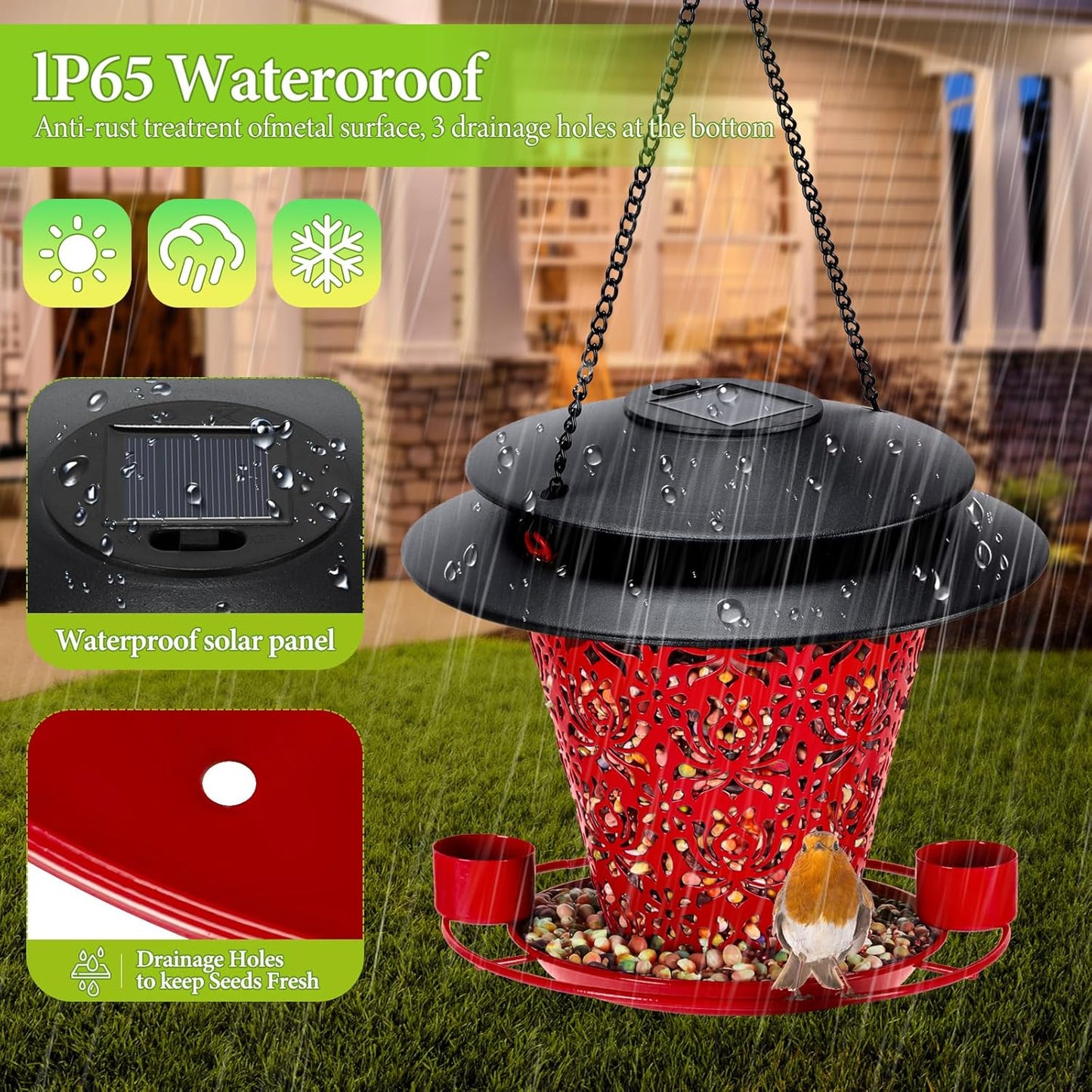 Solar Bird Feeders for Outside Hanging Metal Wild Bird Feeder Solar Lanterns Outdoor Waterproof Garden Decor for Yard red