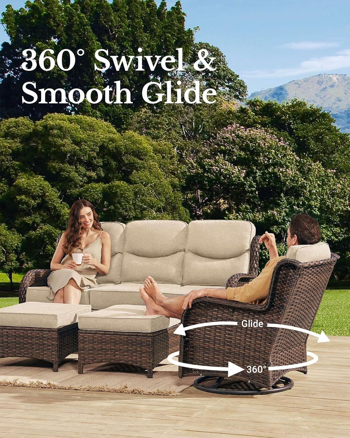 HILLGA Luxury Patio Furniture Set with 6-Inch Thick Cushions, High Back Outdoor Swivel Rocker Chairs and Patio Couch, 6-Piece All Weather Conversation Set for Porch Deck Pool Yard, Beige (V3)