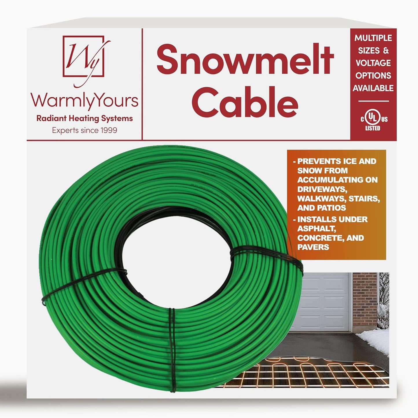 Electric Snow and Ice Melting Underground Cable 188 feet, Covers 62 sqft at up to 38 Watts/sqft, 240V – Radiant Heated Driveways, Walkways, Stairs – Installs Under Concrete, Asphalt, or Pavers