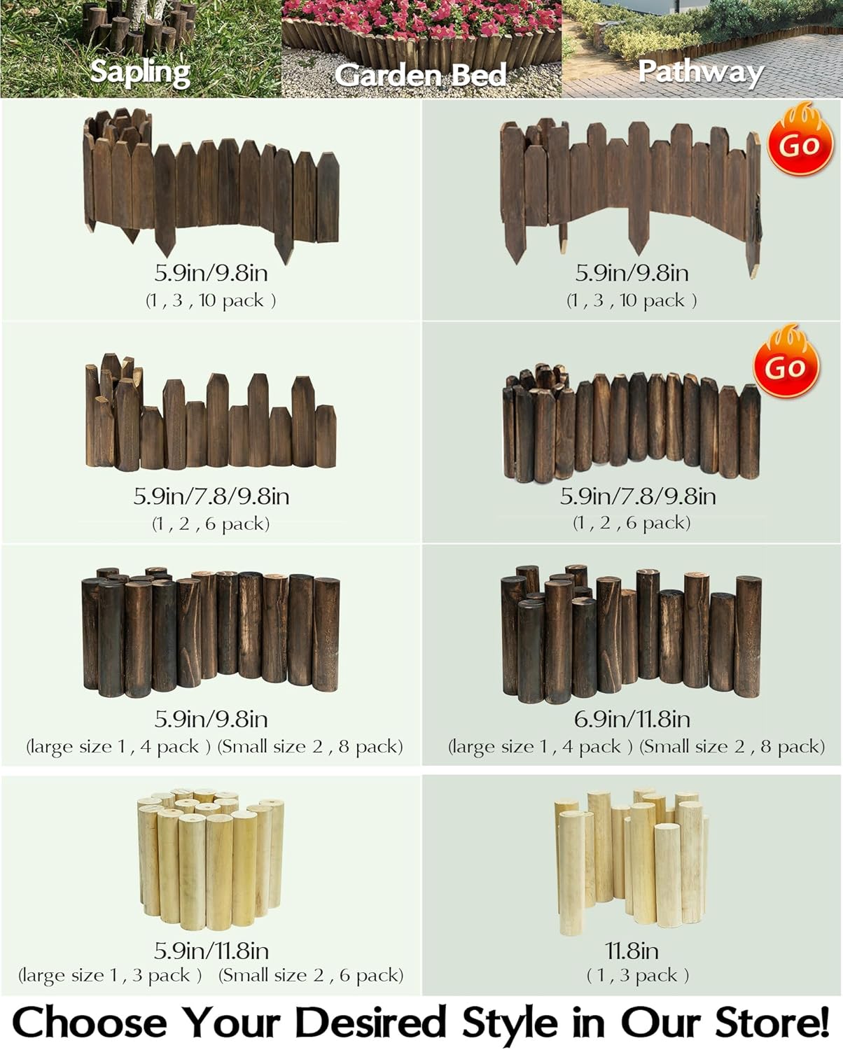 Wood Garden Edging, Wooden Fence Border Decorative Small Picket Panels for Flower Bed Barriers and Landscape Fencing (2 Pack)