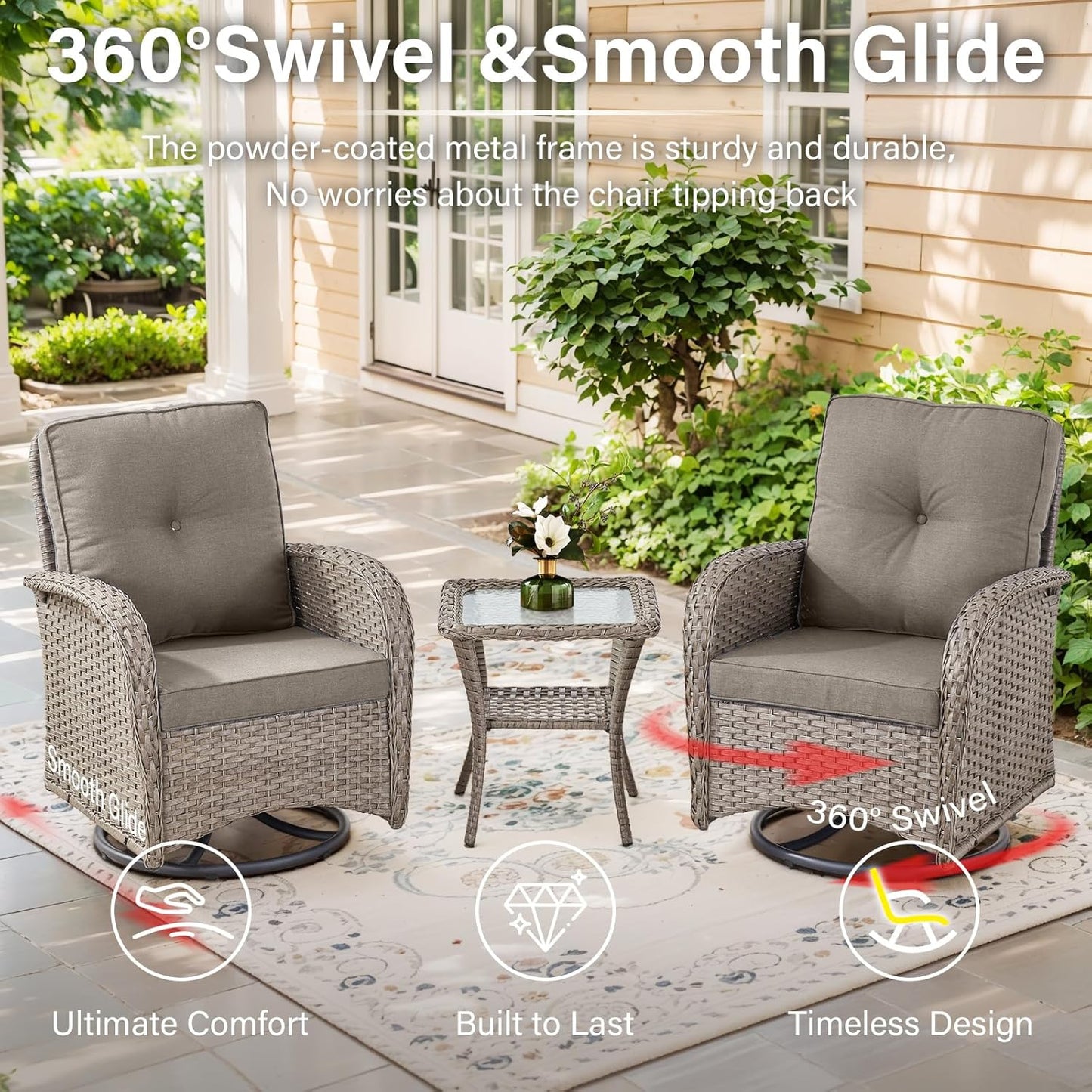 5 Pieces Outdoor Patio Furniture Set with 50000 BTU Propane Fire Pit Table, Deep Seating Wicker Swivel Rocker Chairs and Loveseat Glider Patio Conversation Set for Deck Poolside Backyard