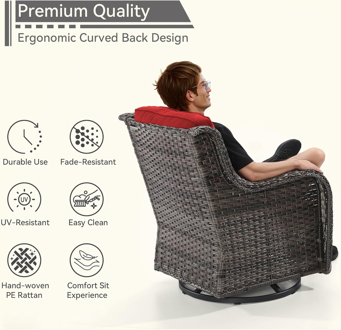 Outdoor Swivel Rocker Patio Chairs Set of 2 - Outdoor Wicker Patio Conversation Sets 2 Pieces with Olefin Fabric Cushions Suitable for Backyard Deck and Porch, Red