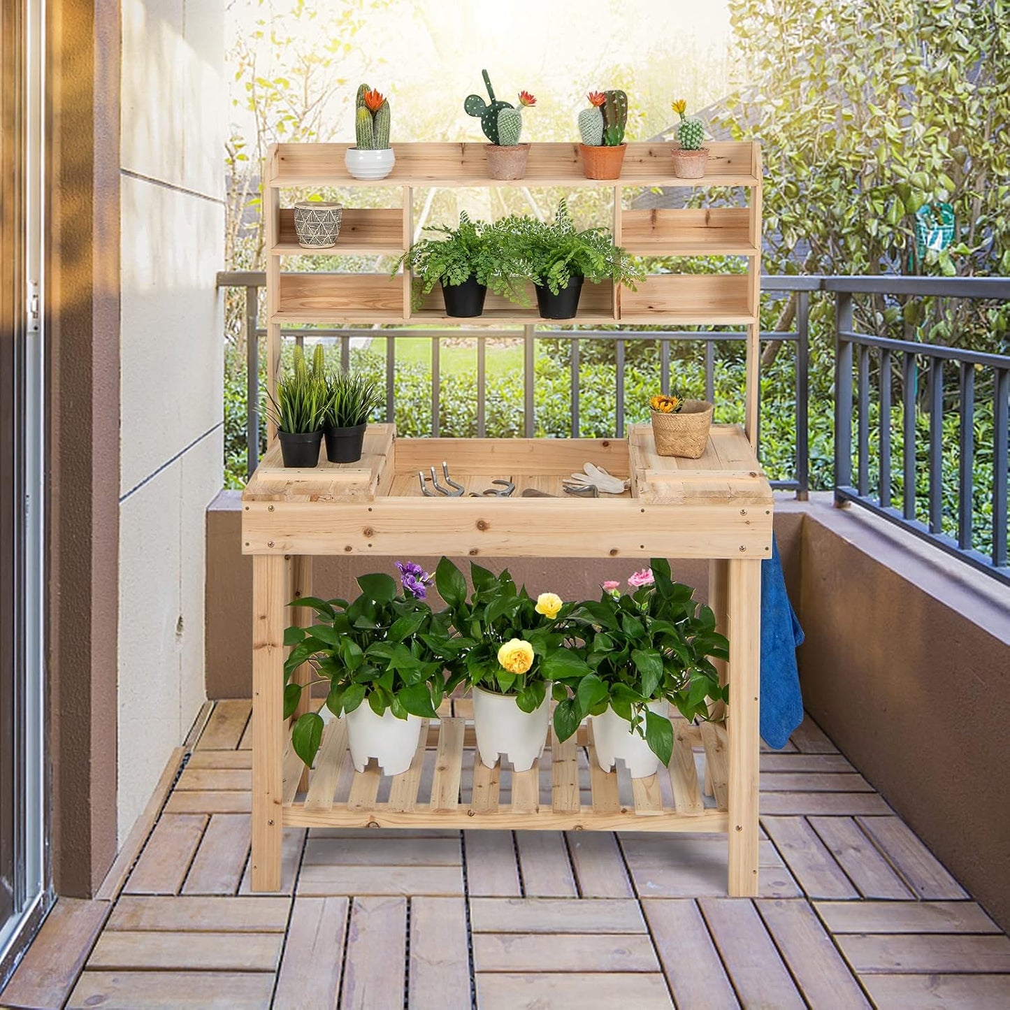 HAPPYGRILL Potting Bench Table, 60.5” Wood Garden Work Bench Workstation with Storage, Flip-Up Tabletop, Shelves & Hanging Hooks, Outdoor Garden Table for Patio, Lawn & Porch