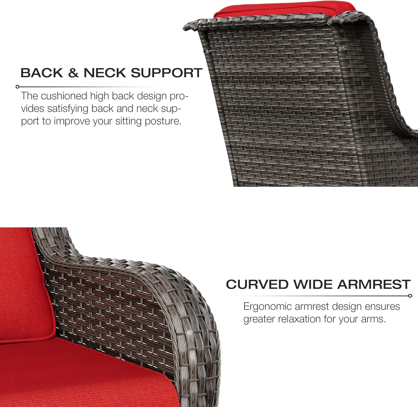 Joyside Outdoor Swivel Rocker Patio Chair and Matching Side Table - 2-Piece Wicker Patio Bistro Set with Premium Fabric Cushions (Brown Mixed with Grey/Red)
