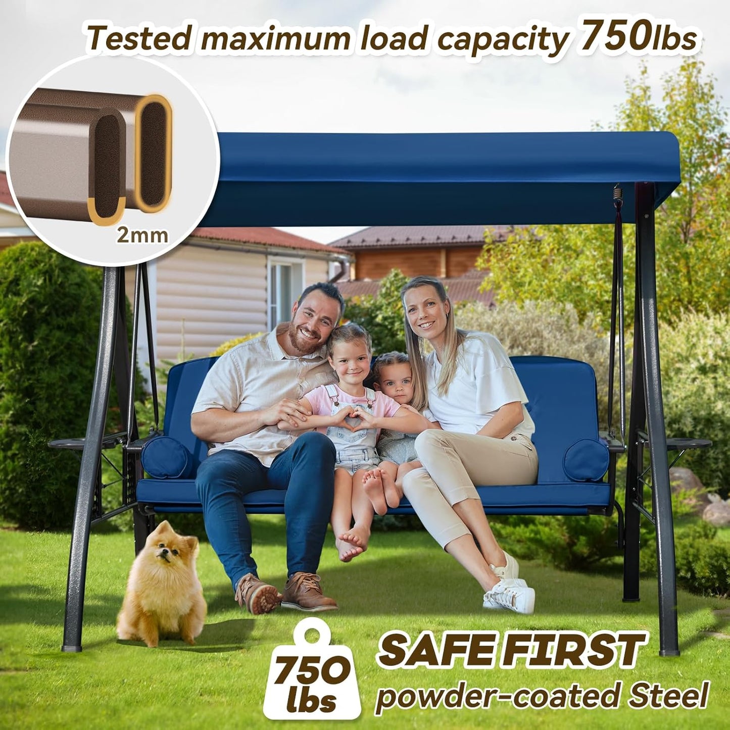 3 in 1 Outdoor Porch Swing with Adjustable Canopy, 3 Seat Outdoor Swing for Adults, Patio Swing Chair with Thickened Cushions,Pillows & Cup Holders for Backyard, Porch, Garden (Blue)