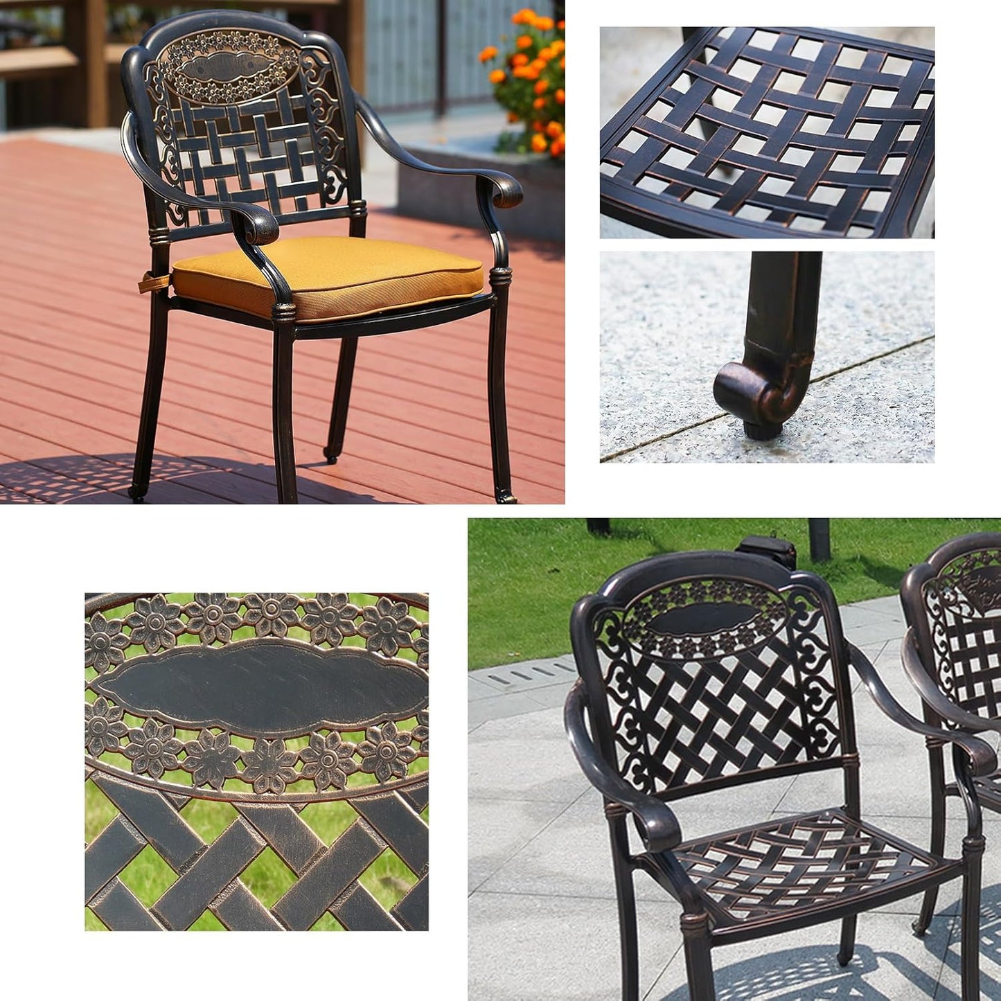 Outdoor Dining Chair Cast Aluminum Patio Chairs Set of 2 All-Weather Patio Dining Chair with Adjustable Feet for Backyard Garden (B-Style Finland Chair)
