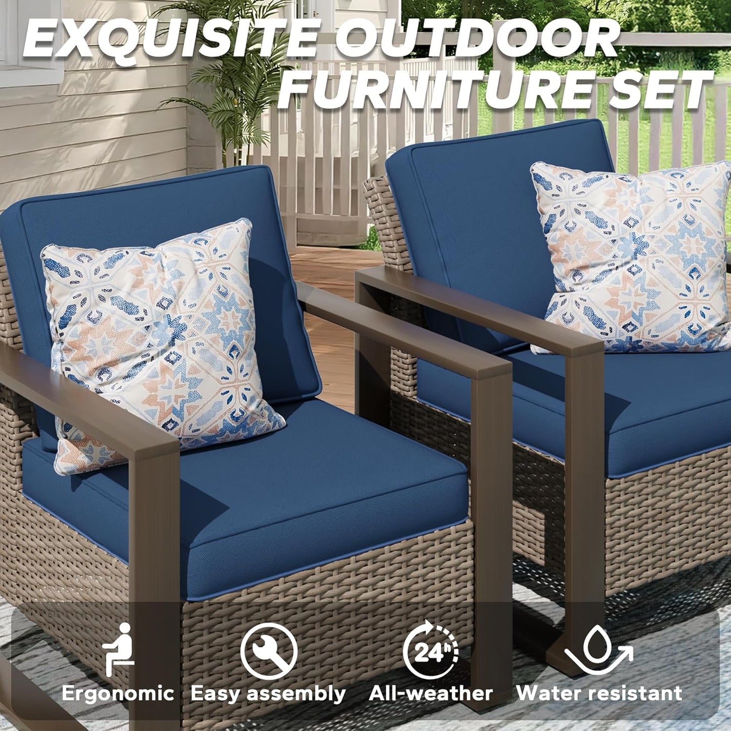 Outdoor Wicker Metal Chairs Set of 2 with Matching Side Table - 3 Pieces Patio Bistro Set with Removable Olefin Fabric Cushions & Rectangular Framed Wood-Looking Metal Armrest, Dark Blue