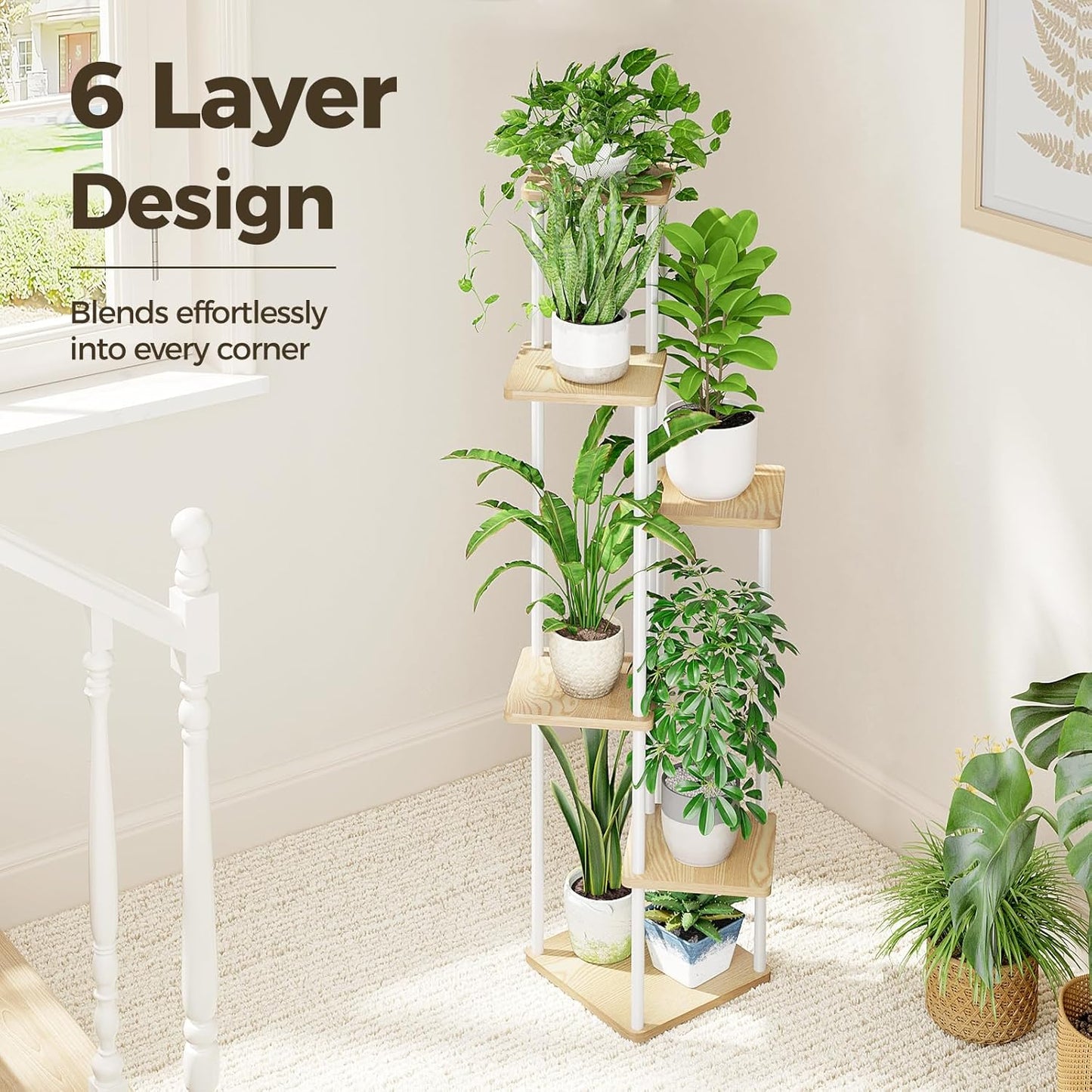 Bamworld Tall Plant Stand Indoor 6 Tier Metal Plant Shelf for Large Plants Corner Tiered Flower Stand for Patio Garden Balcony Living Room Bedroom White
