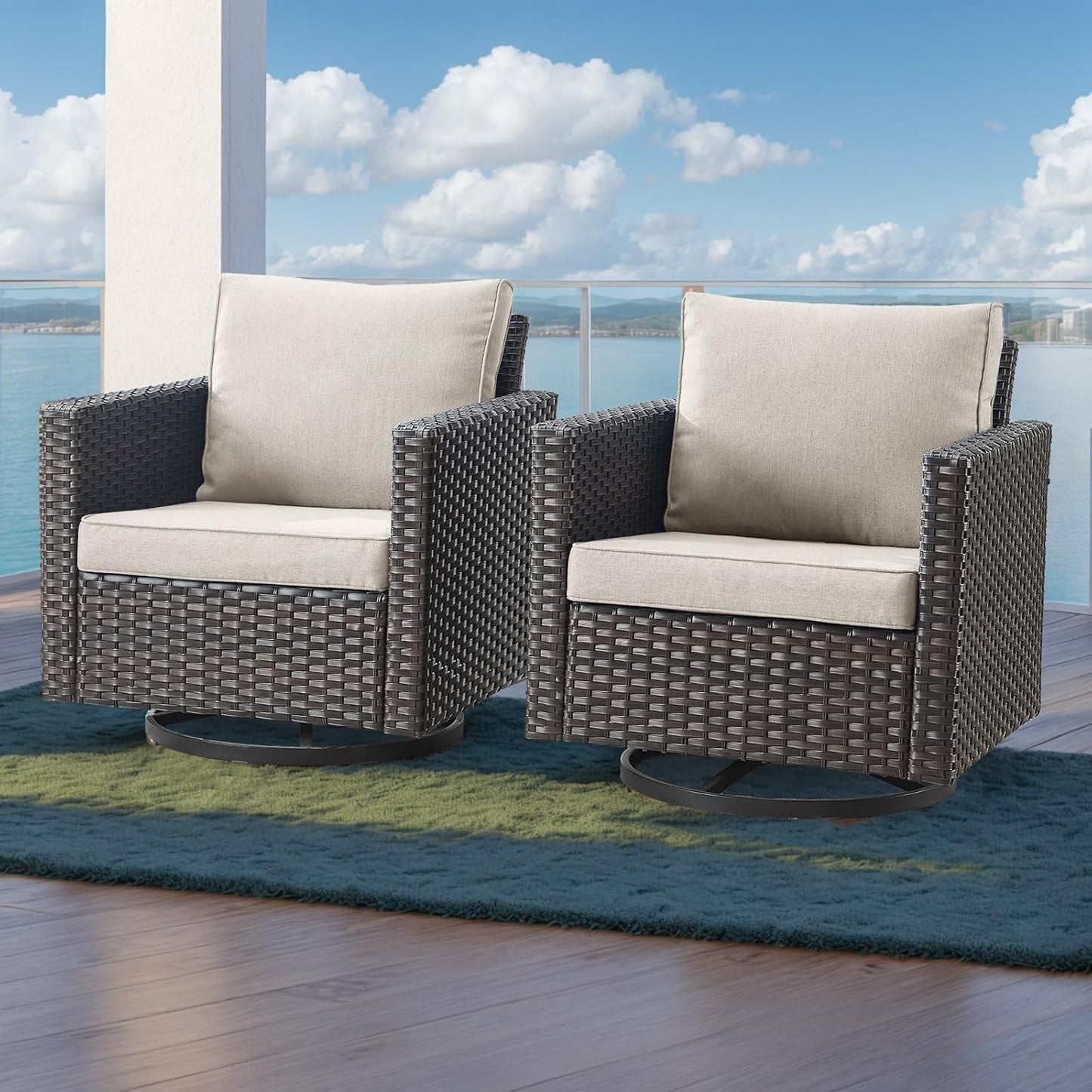 HUMMUH 5 Piece Patio Furniture Set,Wicker Swivel Rocker Patio Chairs Set of 4 with 30'' Fire Pit Table Outdoor Furniture Set for Porch,Garden,Backyard