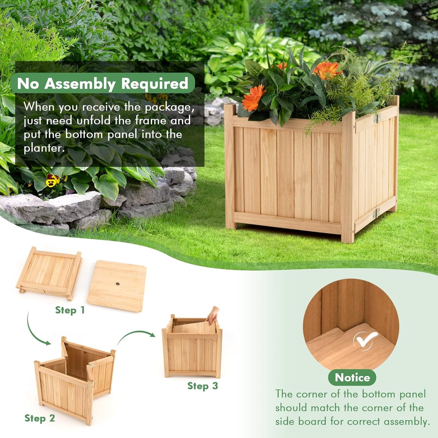 GRAFFY Raised Garden Bed, Folding Wood Planter Box w/Removable Bottom & Drainage, Indoor Outdoor Square Elevated Planter for Flower Herb Vegetable Fruit, Plant Container for Grass Lawn Patio Backyard