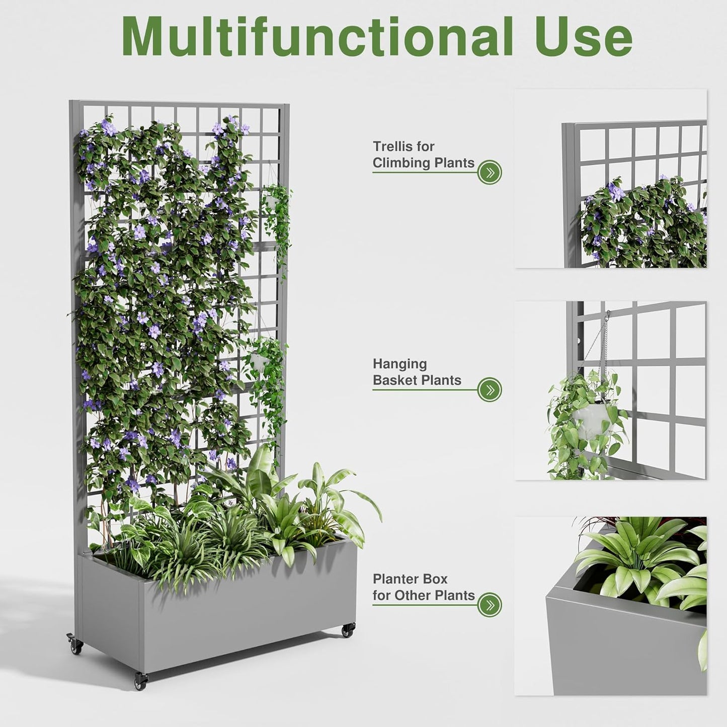 Casaphoria Metal Raised Garden Bed with Trellis and Wheels, 72"x35"x16" Planter Box for Climbing Plants, Vegetables & Vines, Features Drainage Holes and Privacy Screen (Gray-Square)