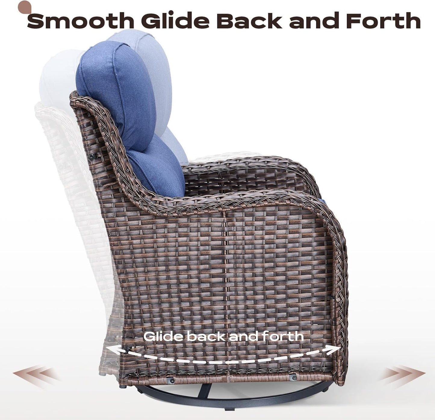 Outdoor Patio Swivel Rocker Chairs Set of 2, Waterproof Wicker, High Back, Deep Seating, Wide Armrest, Upgraded 6 inch Thick Cushions, Side Table, Ideal for Deck Porch Yard, Brown/Blue
