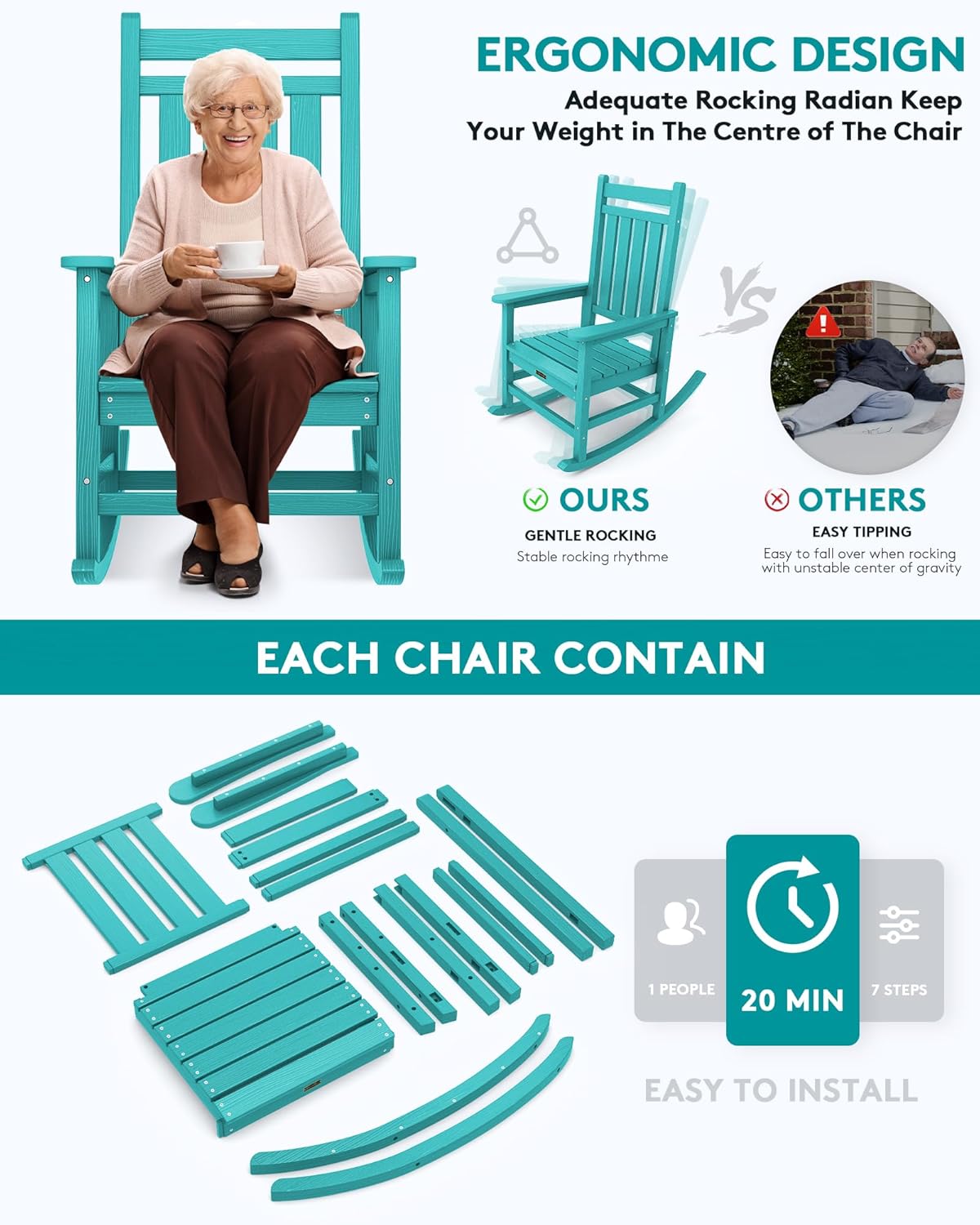 SERWALL HDPE Rocking Chair, Outdoor Rocking Chair for Adults, All Weather Porch Rocker for Lawn Garden, Aruba